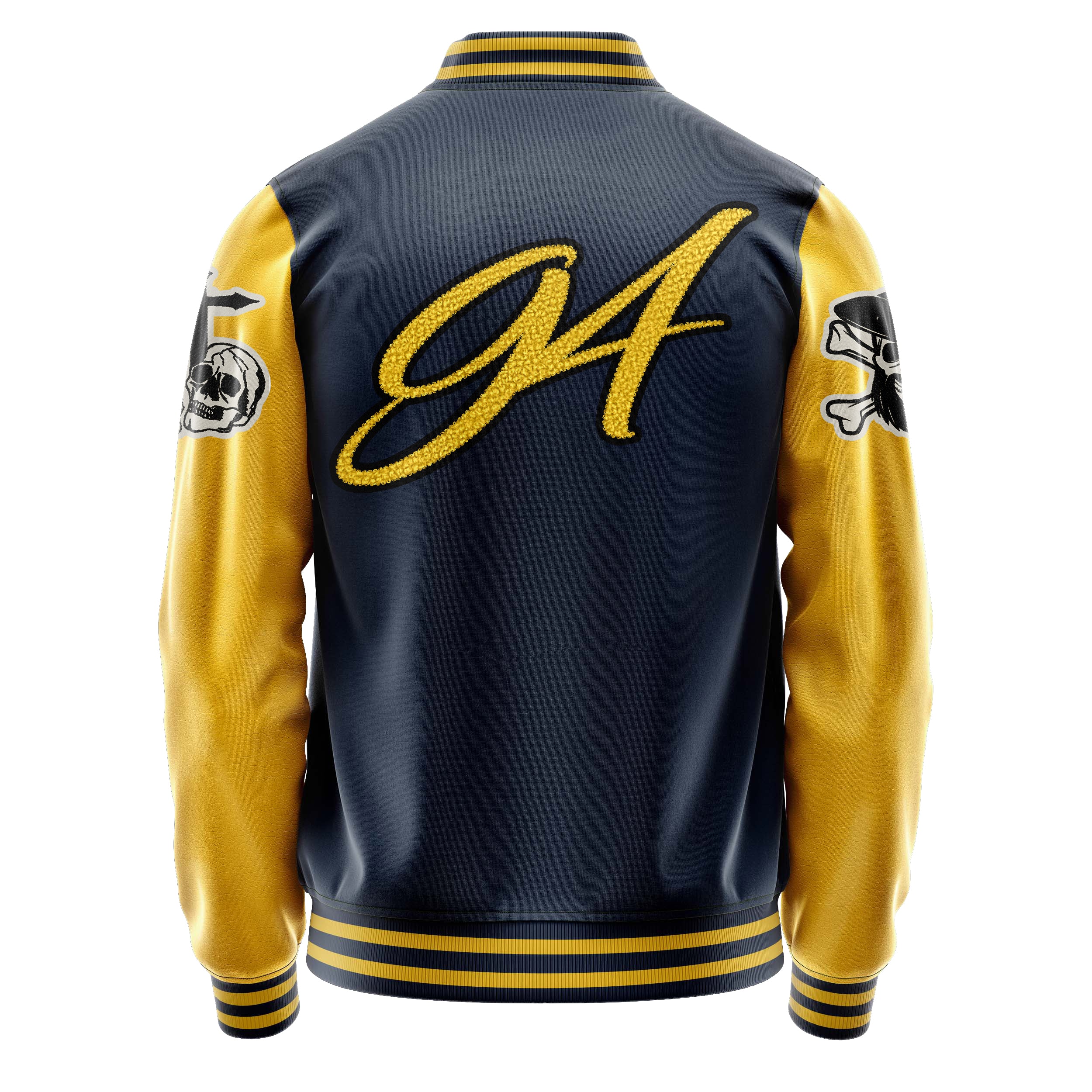 Custom Navy Blue Varsity Jacket Patches Egg Yellow Leather Sleeves - Skull& Cross