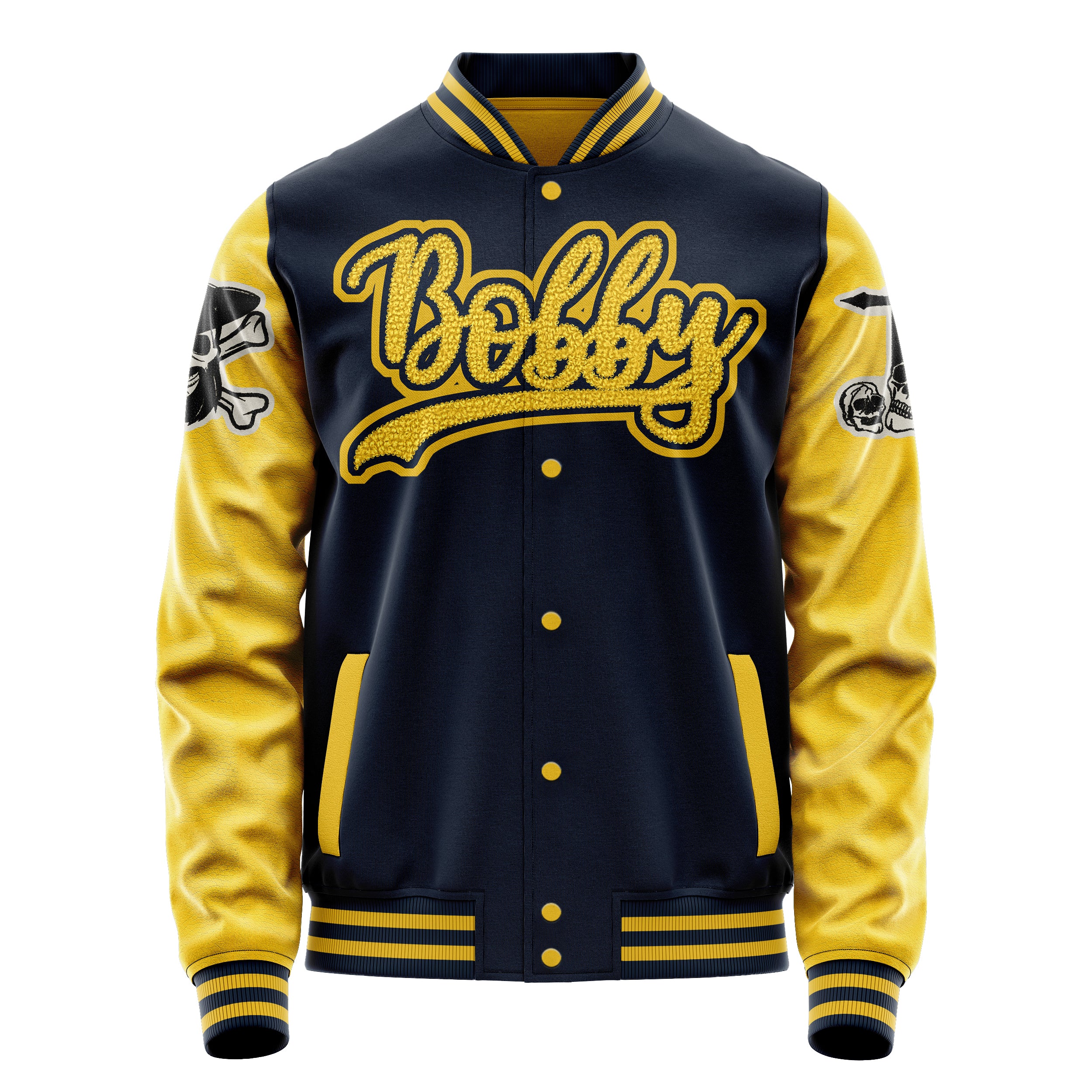 Custom Navy Blue Varsity Jacket Patches Egg Yellow Leather Sleeves - Skull& Cross