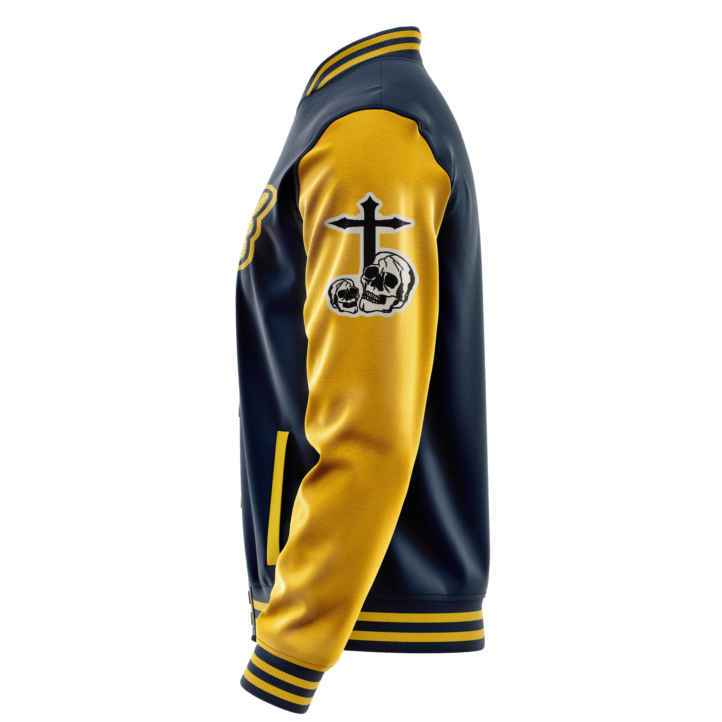 Custom Navy Blue Varsity Jacket Patches Egg Yellow Leather Sleeves - Skull& Cross