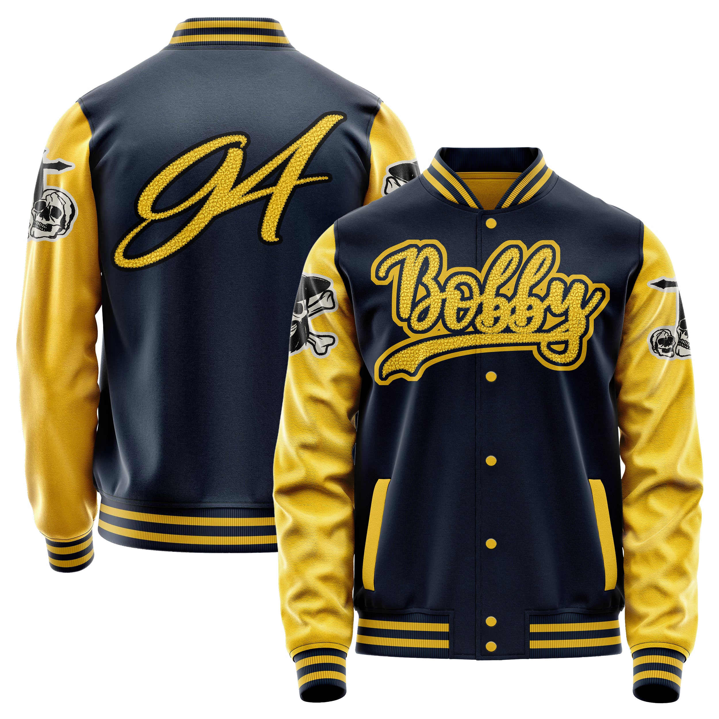 Custom Navy Blue Varsity Jacket Patches Egg Yellow Leather Sleeves - Skull& Cross