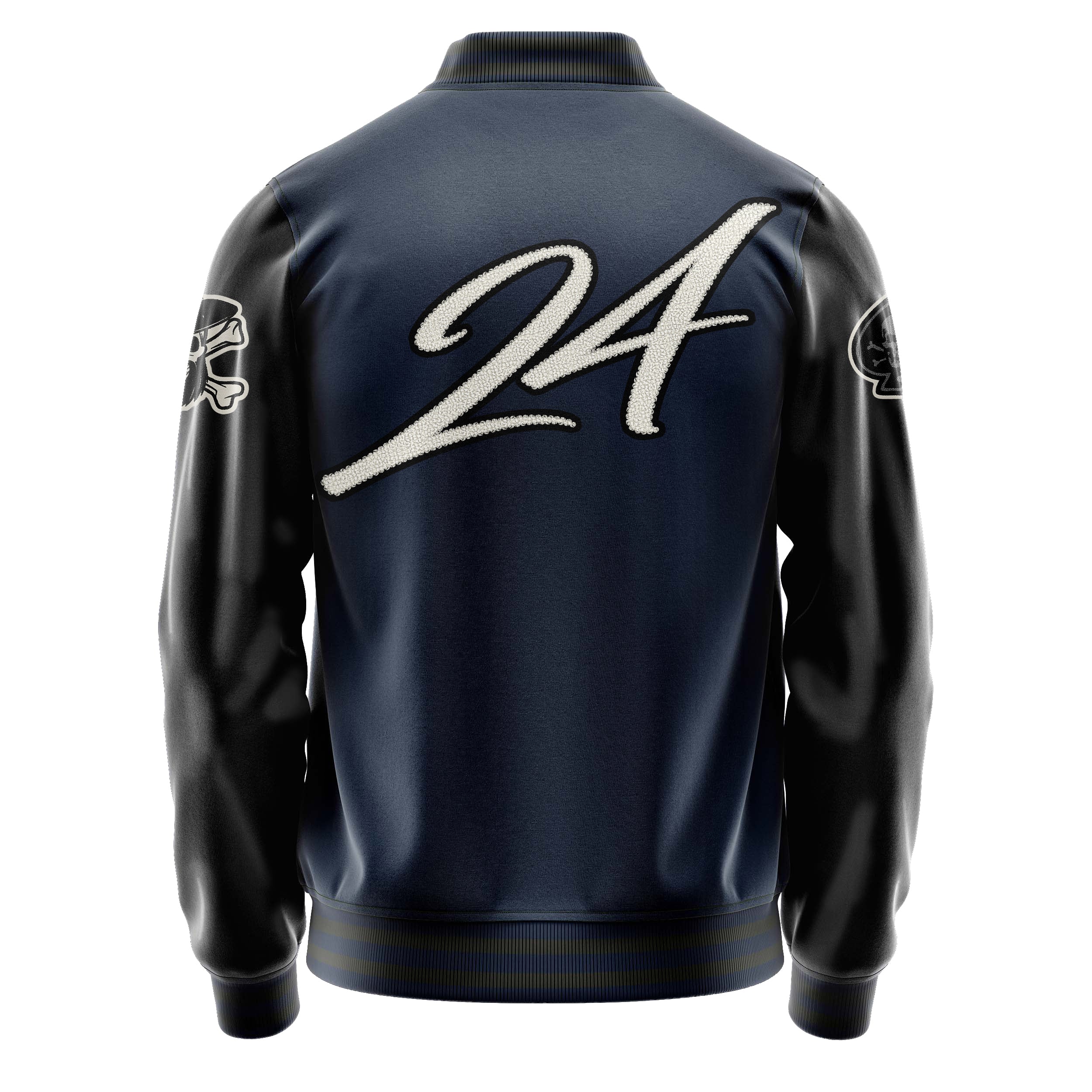 Custom Navy Blue Varsity Jacket Patches Black Leather Sleeves - Skull