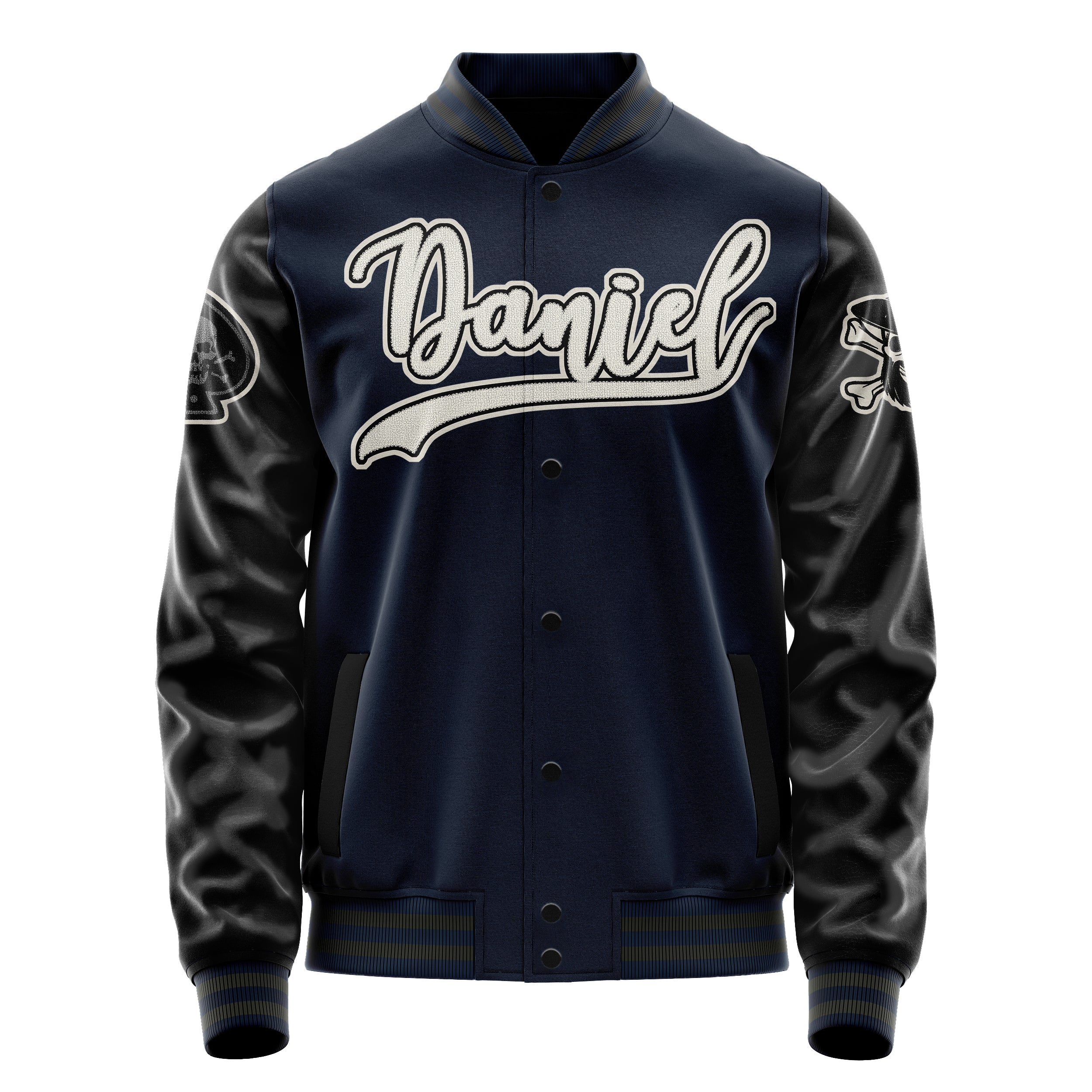 Custom Navy Blue Varsity Jacket Patches Black Leather Sleeves - Skull