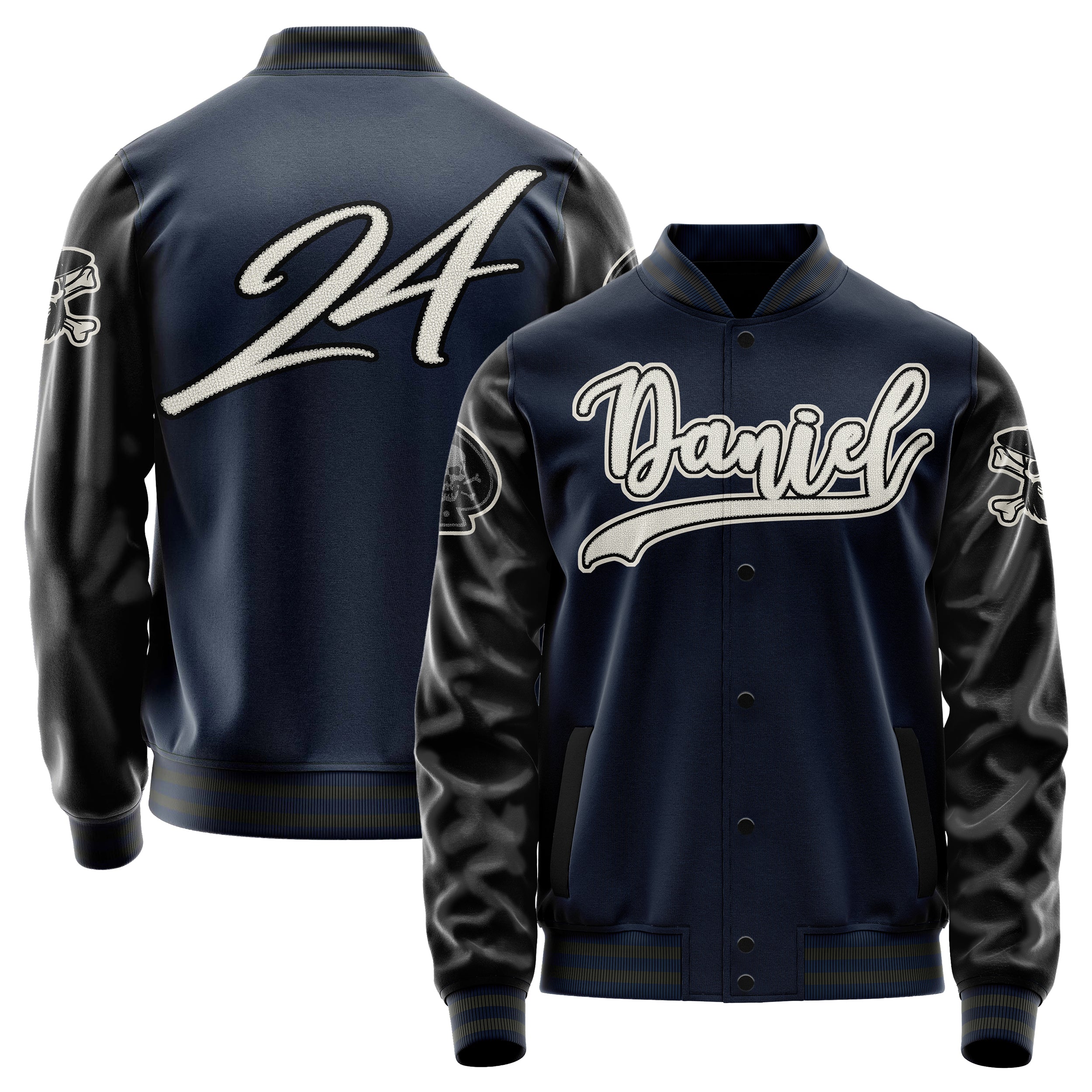 Custom Navy Blue Varsity Jacket Patches Black Leather Sleeves - Skull