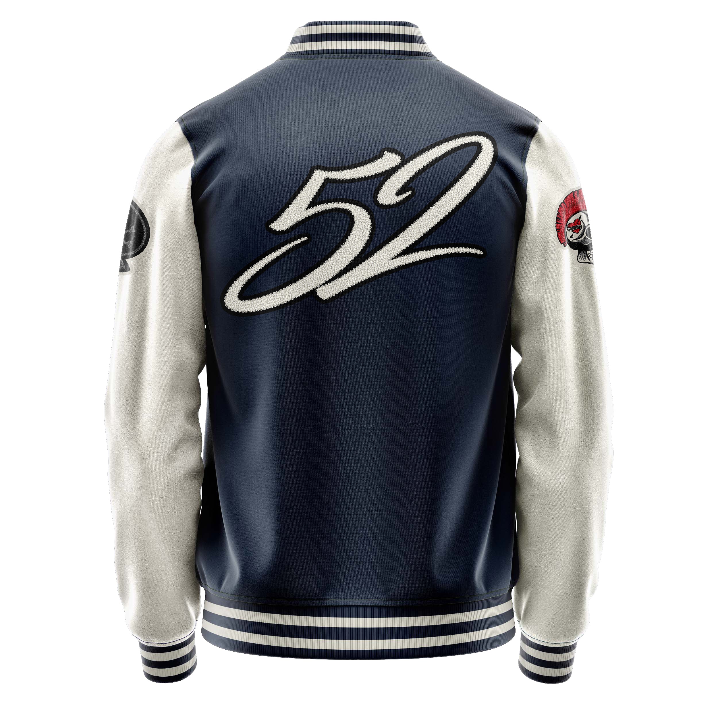 Custom Navy Blue Varsity Jacket Patches Beige Leather Sleeves - The skull of spades