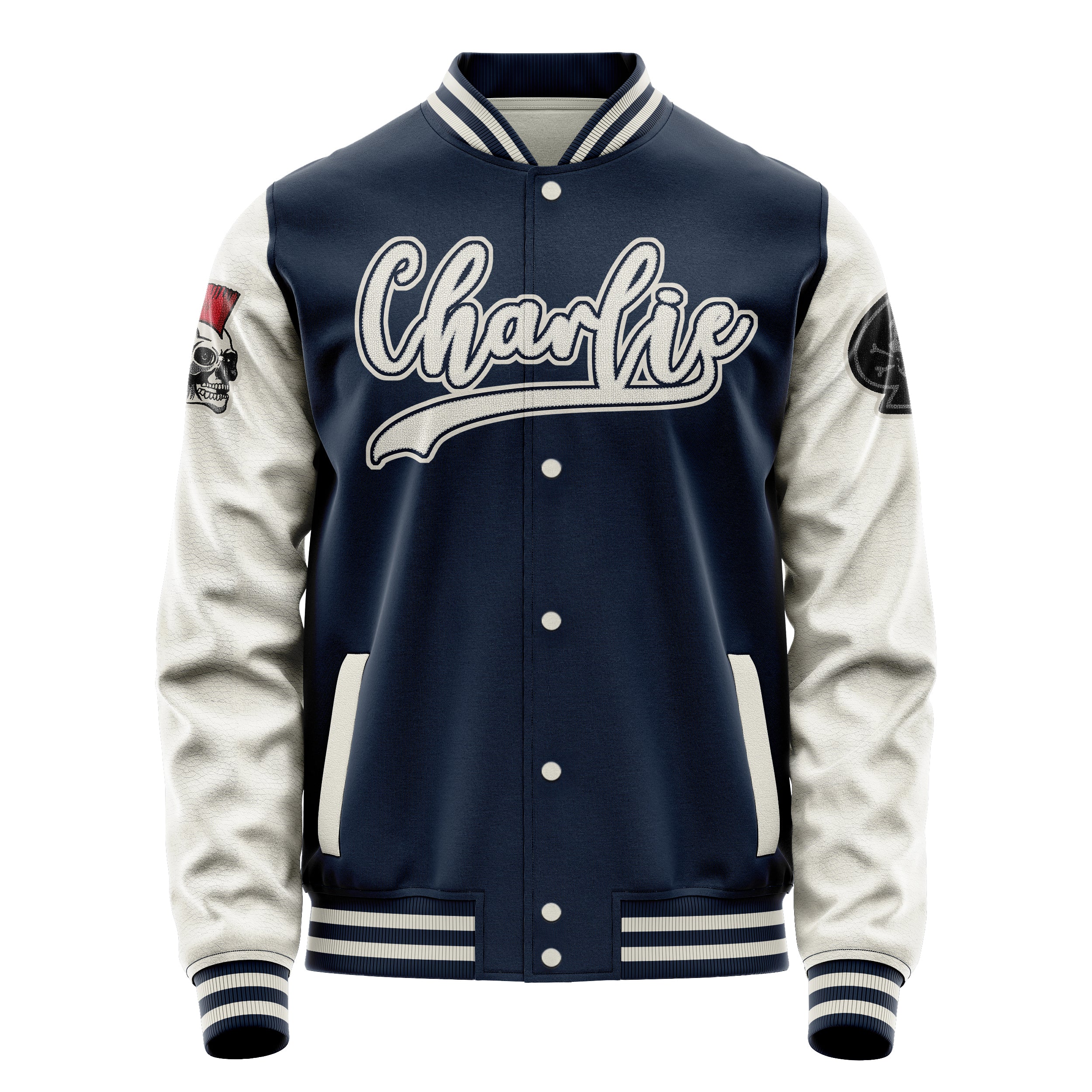 Custom Navy Blue Varsity Jacket Patches Beige Leather Sleeves - The skull of spades