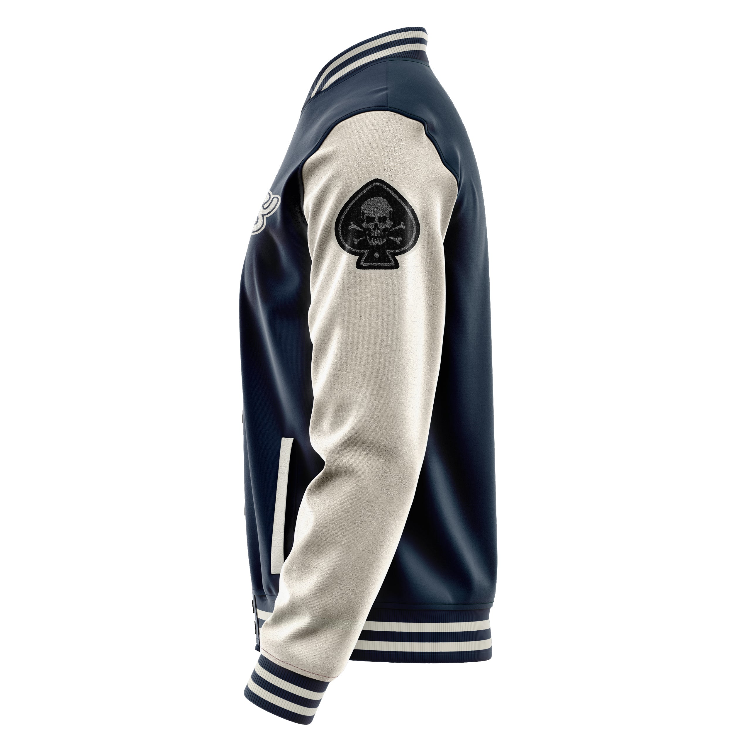 Custom Navy Blue Varsity Jacket Patches Beige Leather Sleeves - The skull of spades