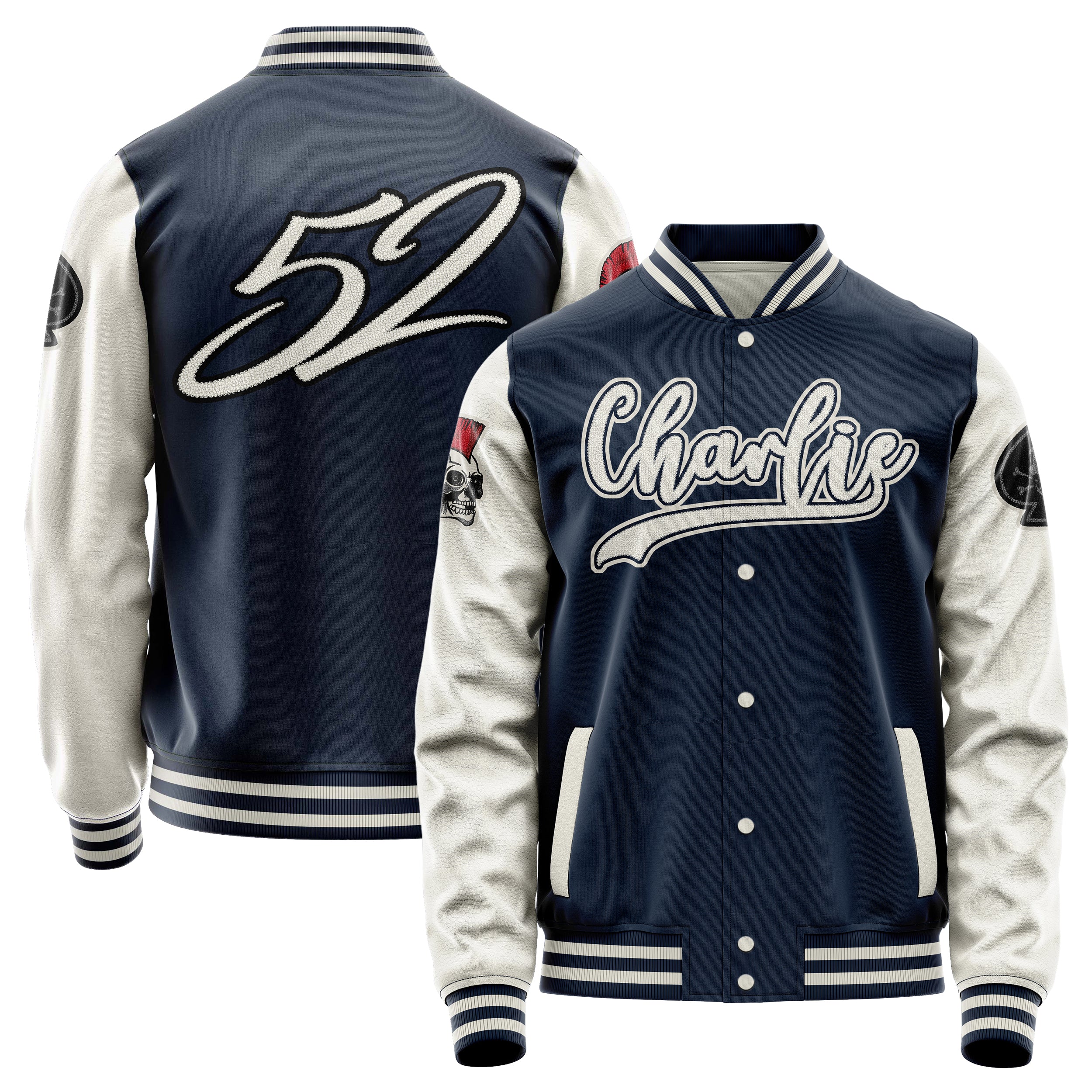 Custom Navy Blue Varsity Jacket Patches Beige Leather Sleeves - The skull of spades