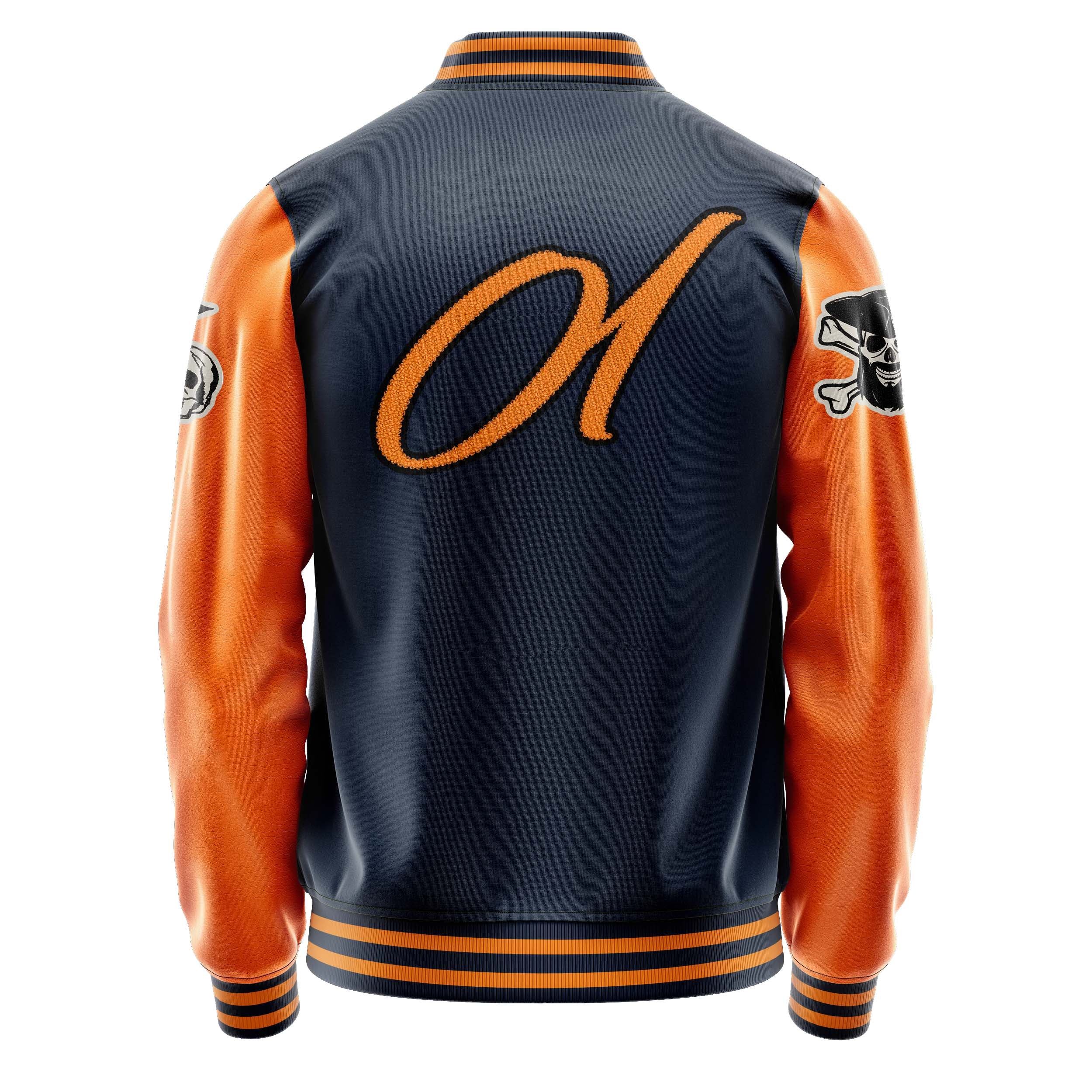 Custom Navy Blue Varsity Jacket Patches Orange Leather Sleeves - Skull& Cross