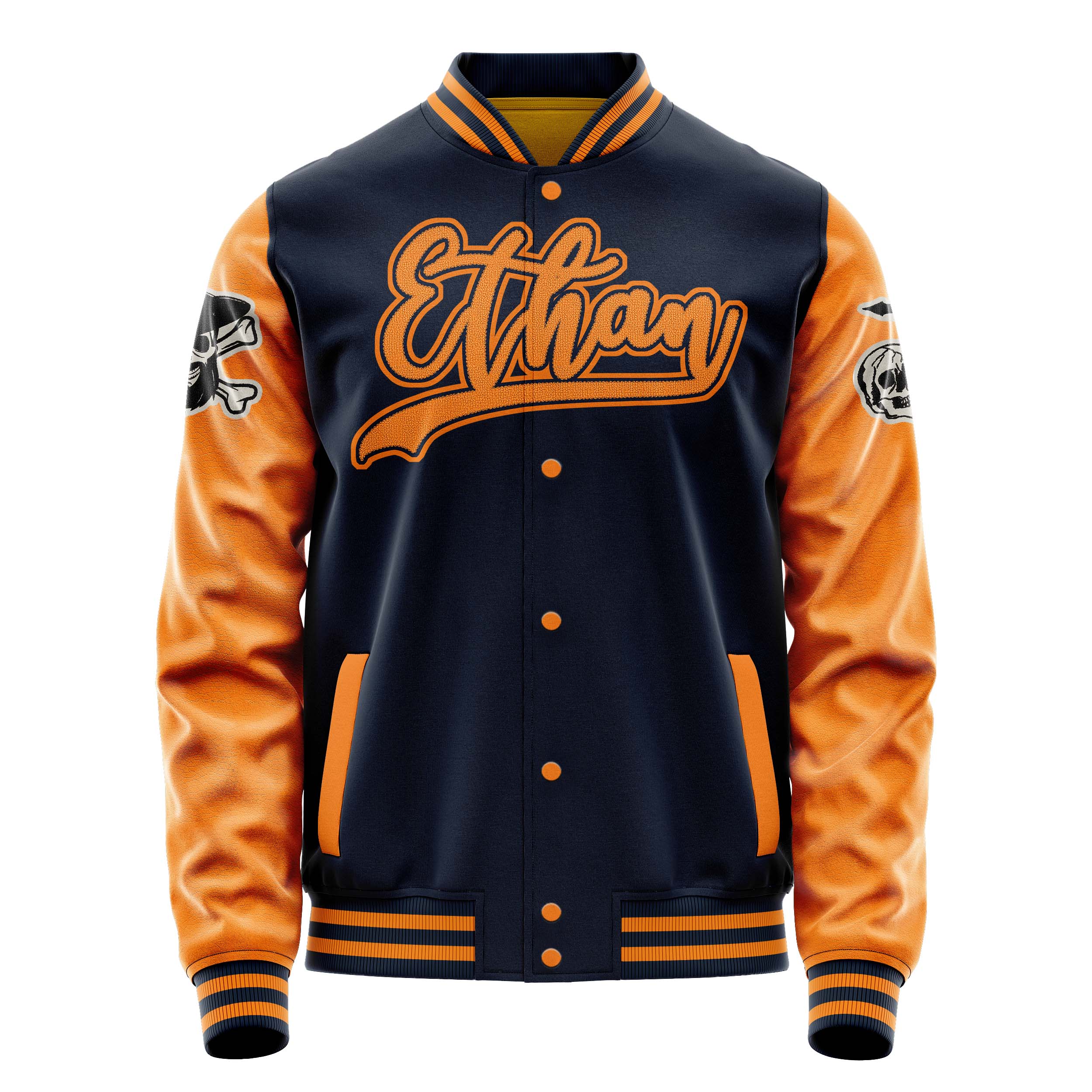 Custom Navy Blue Varsity Jacket Patches Orange Leather Sleeves - Skull& Cross