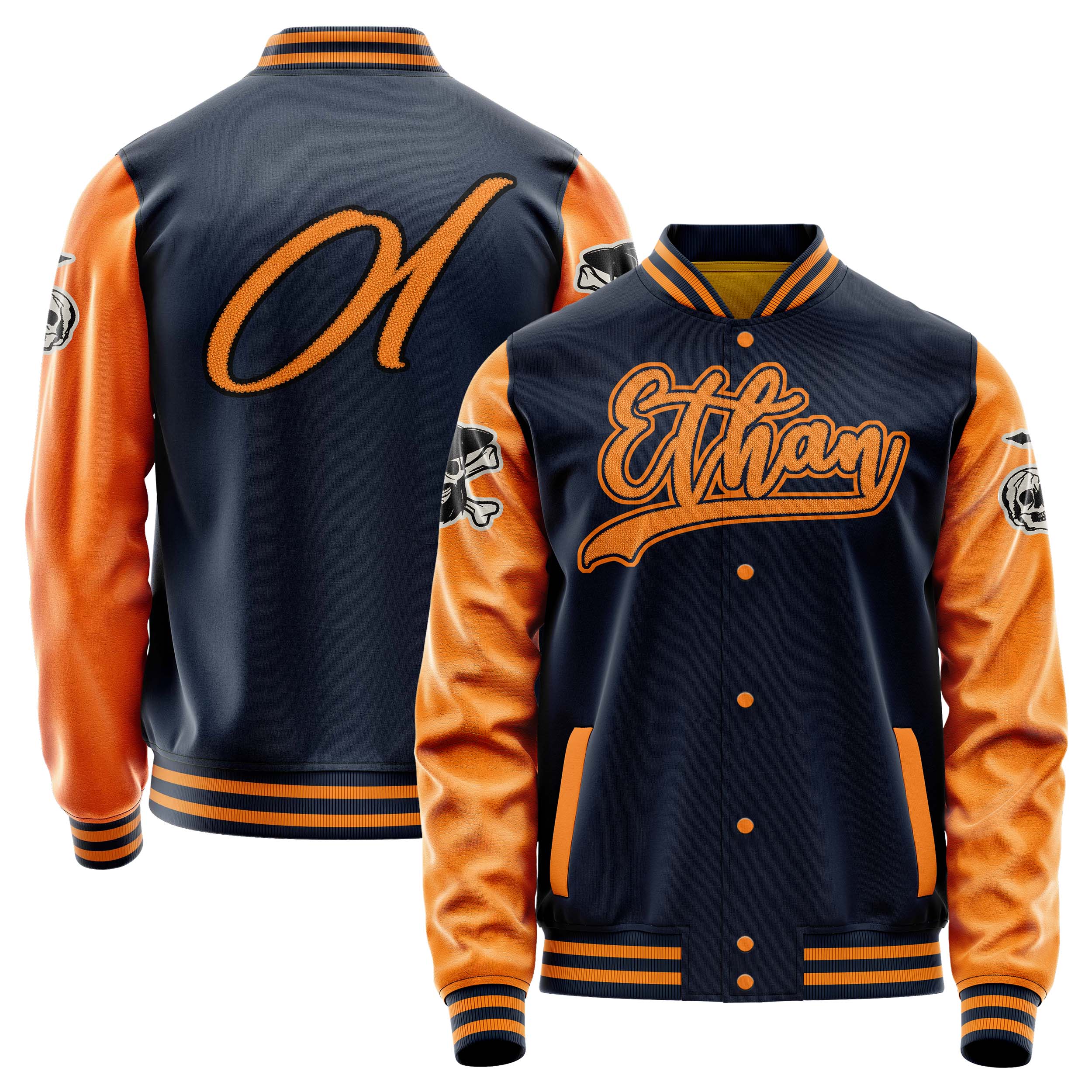 Custom Navy Blue Varsity Jacket Patches Orange Leather Sleeves - Skull& Cross