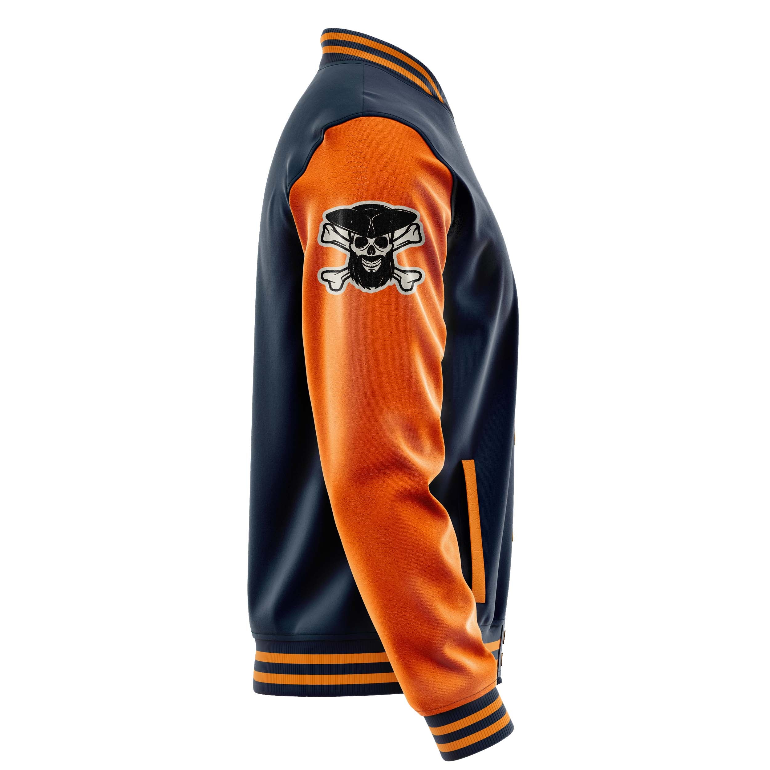 Custom Navy Blue Varsity Jacket Patches Orange Leather Sleeves - Skull& Cross