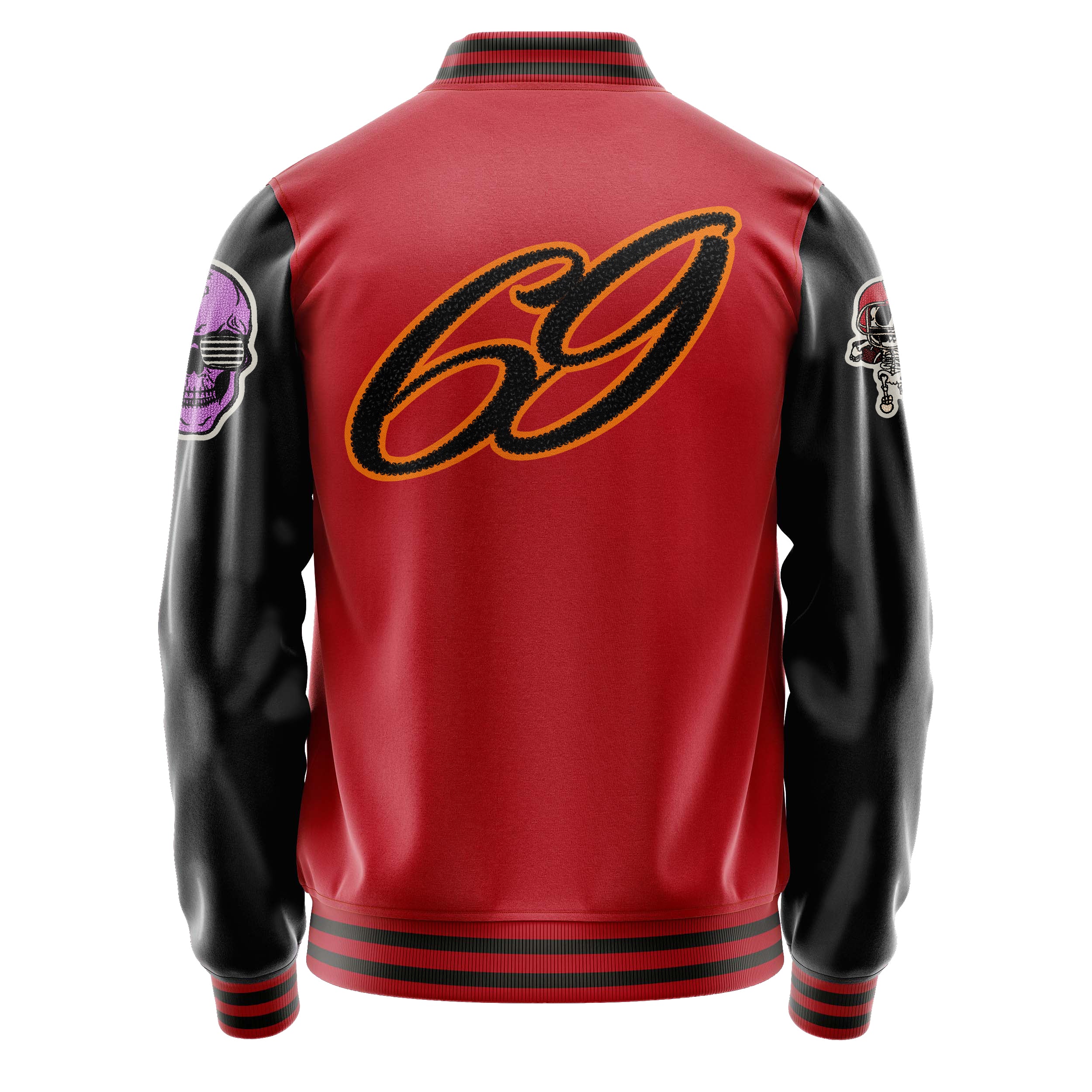 Custom Red Varsity Jacket Patches Black Leather Sleeves - Skull