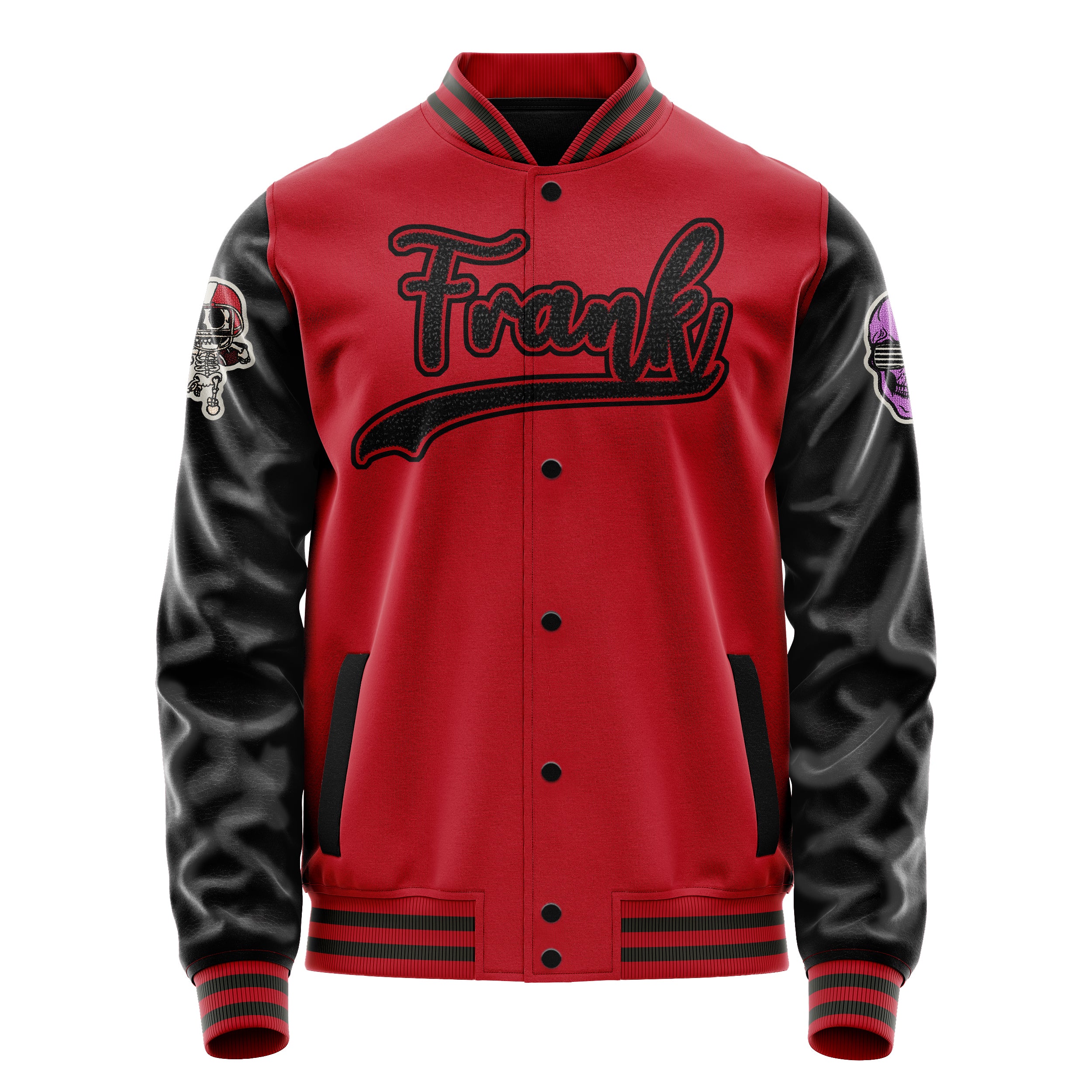 Custom Red Varsity Jacket Patches Black Leather Sleeves - Skull