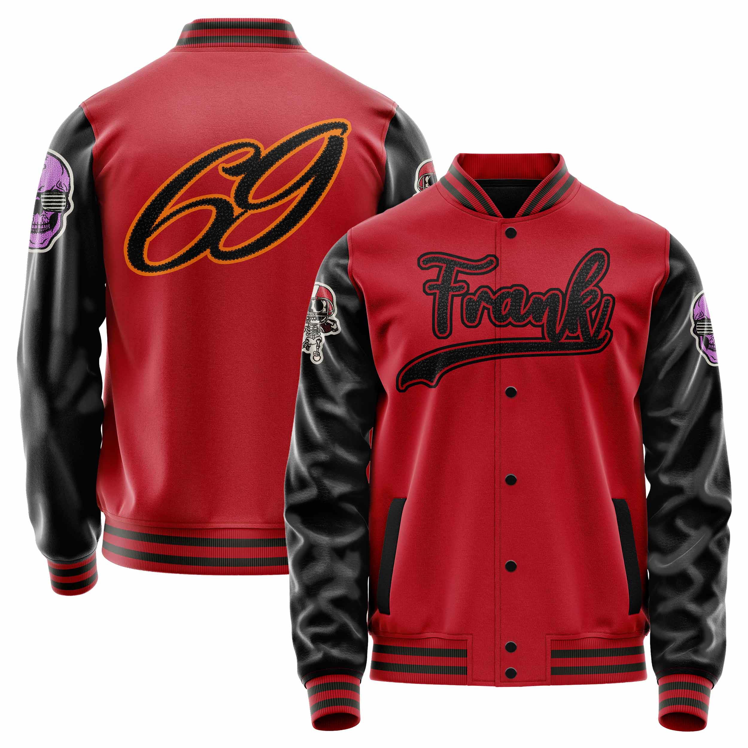 Custom Red Varsity Jacket Patches Black Leather Sleeves - Skull