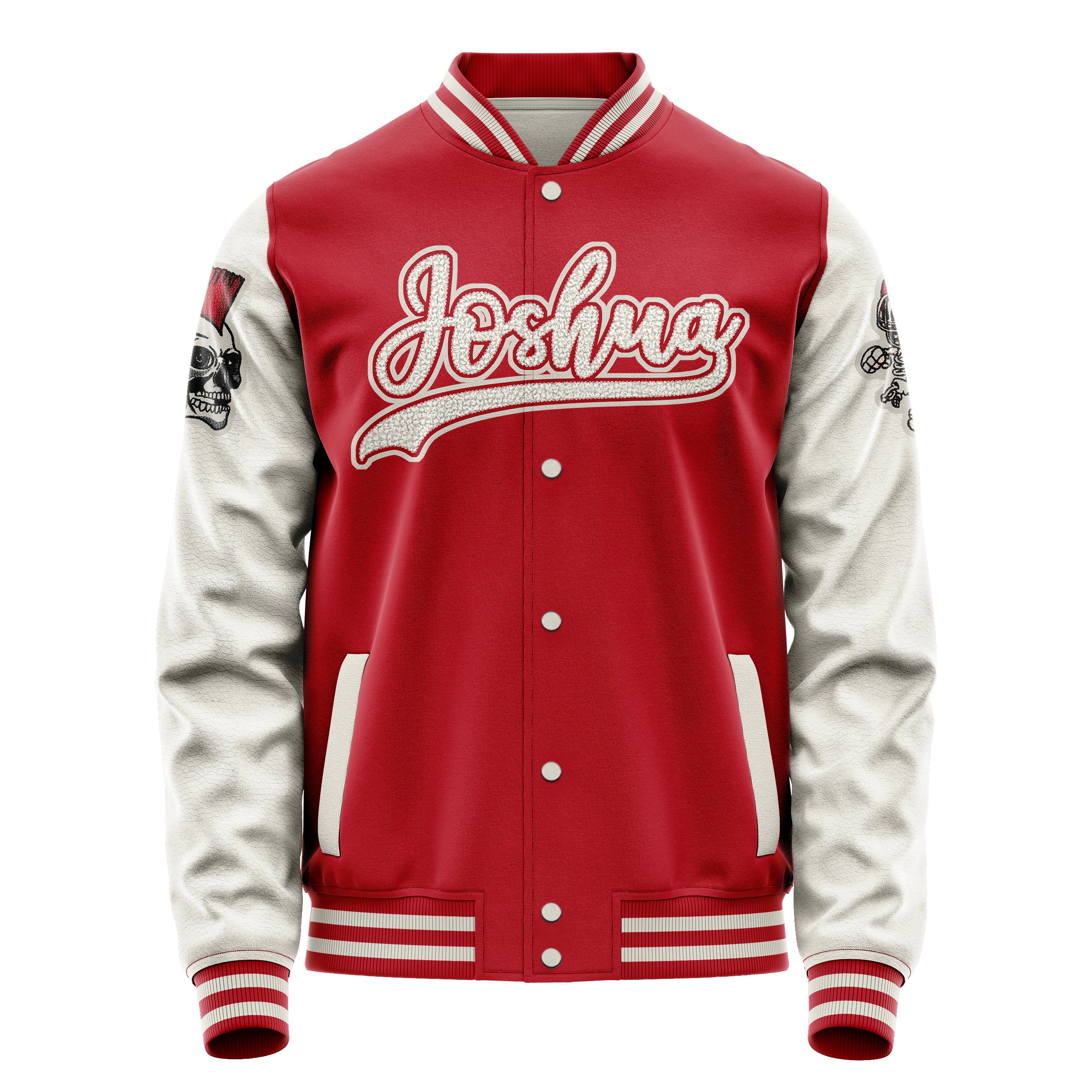 Custom Red Varsity Jacket Patches Beige Leather Sleeves - Skull Rootball