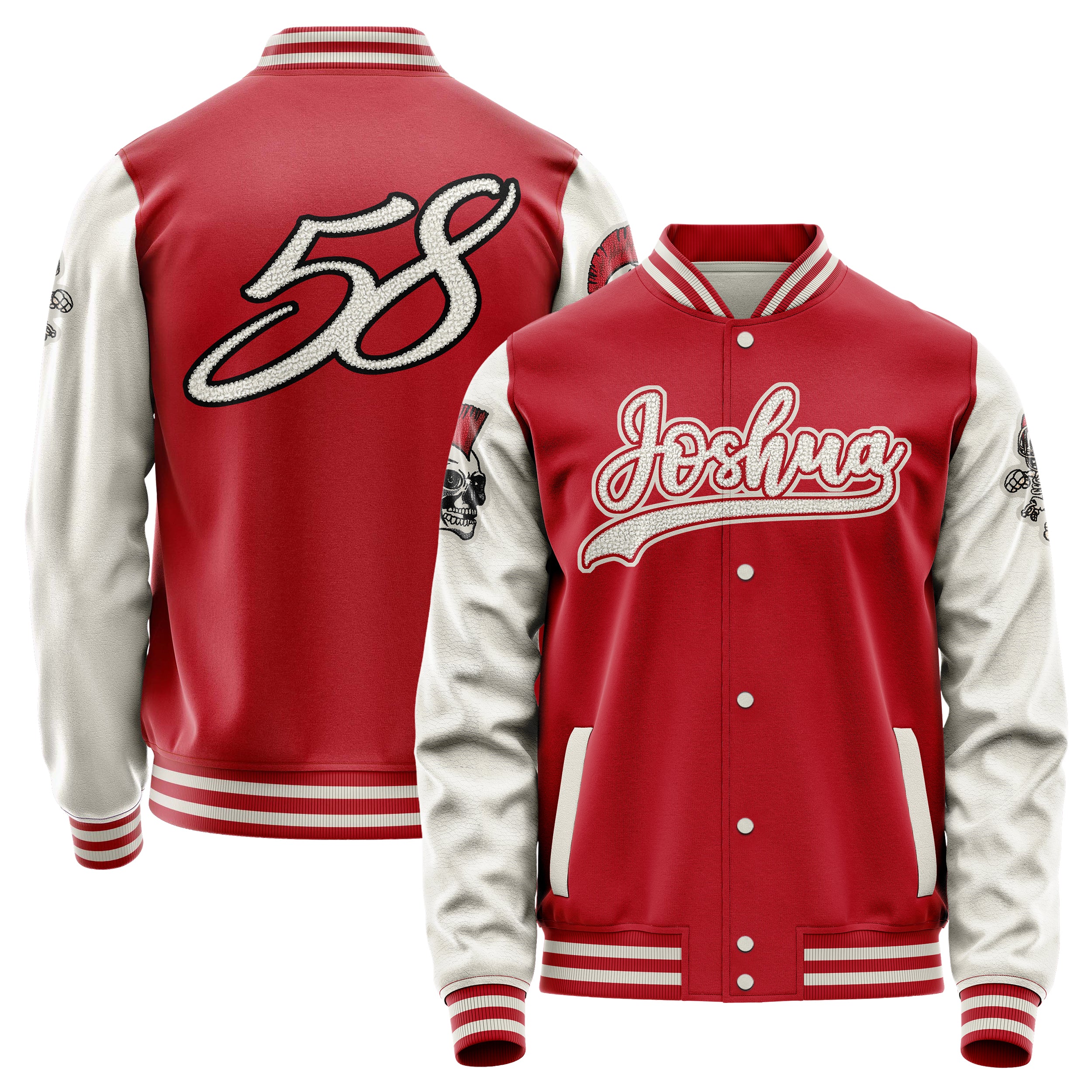 Custom Red Varsity Jacket Patches Beige Leather Sleeves - Skull Rootball