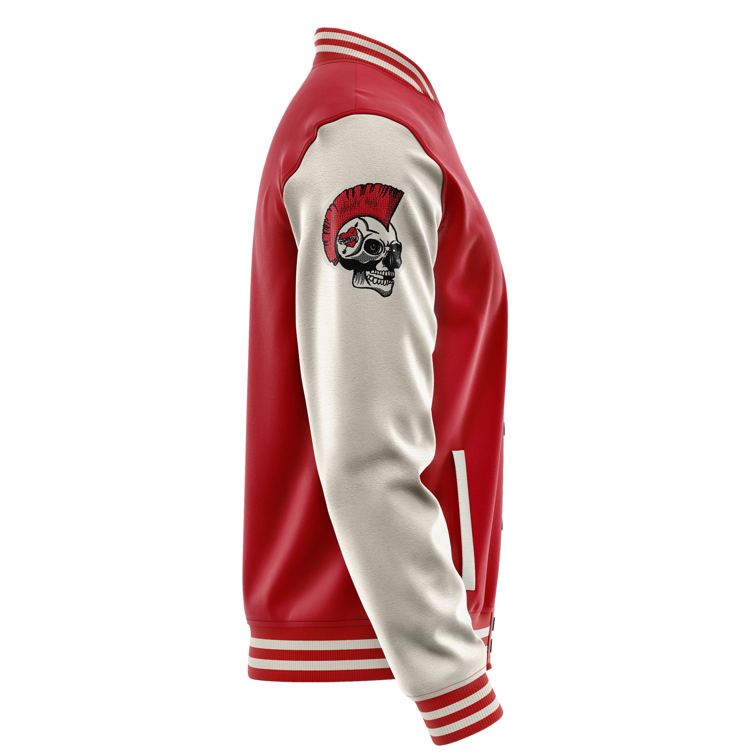 Custom Red Varsity Jacket Patches Beige Leather Sleeves - Skull Rootball