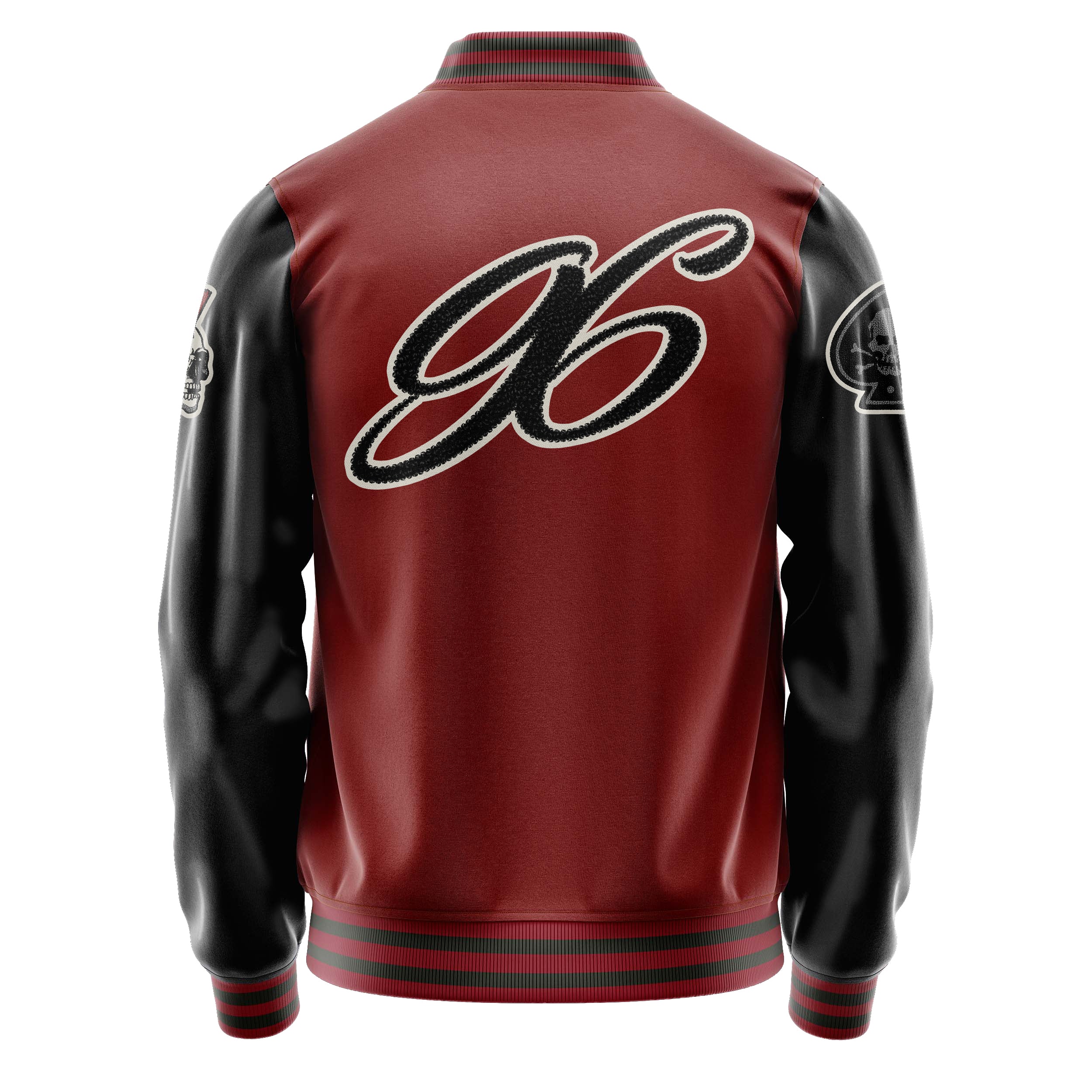 Custom Dark Red Varsity Jacket Patches Black Leather Sleeves - The skull of spades