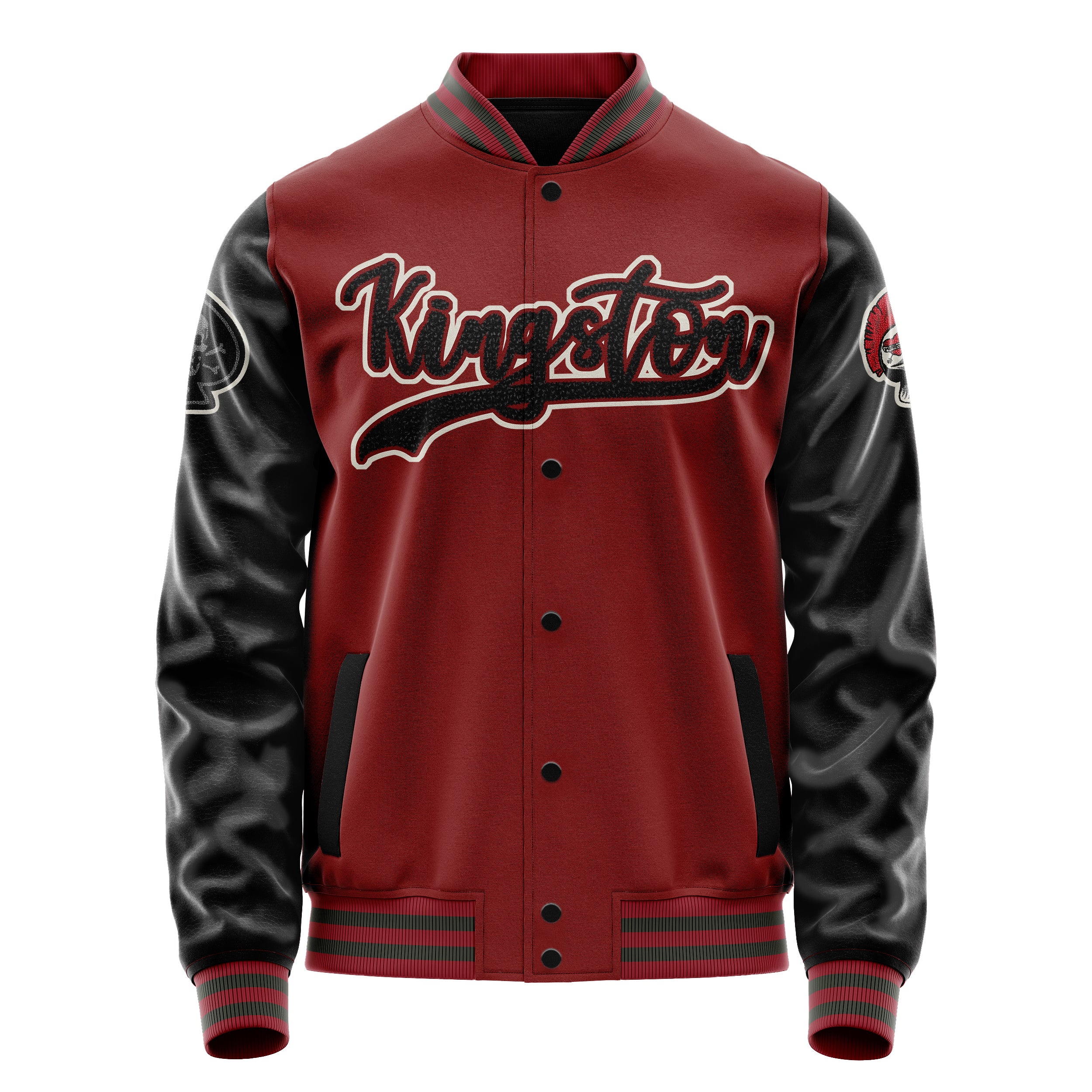 Custom Dark Red Varsity Jacket Patches Black Leather Sleeves - The skull of spades