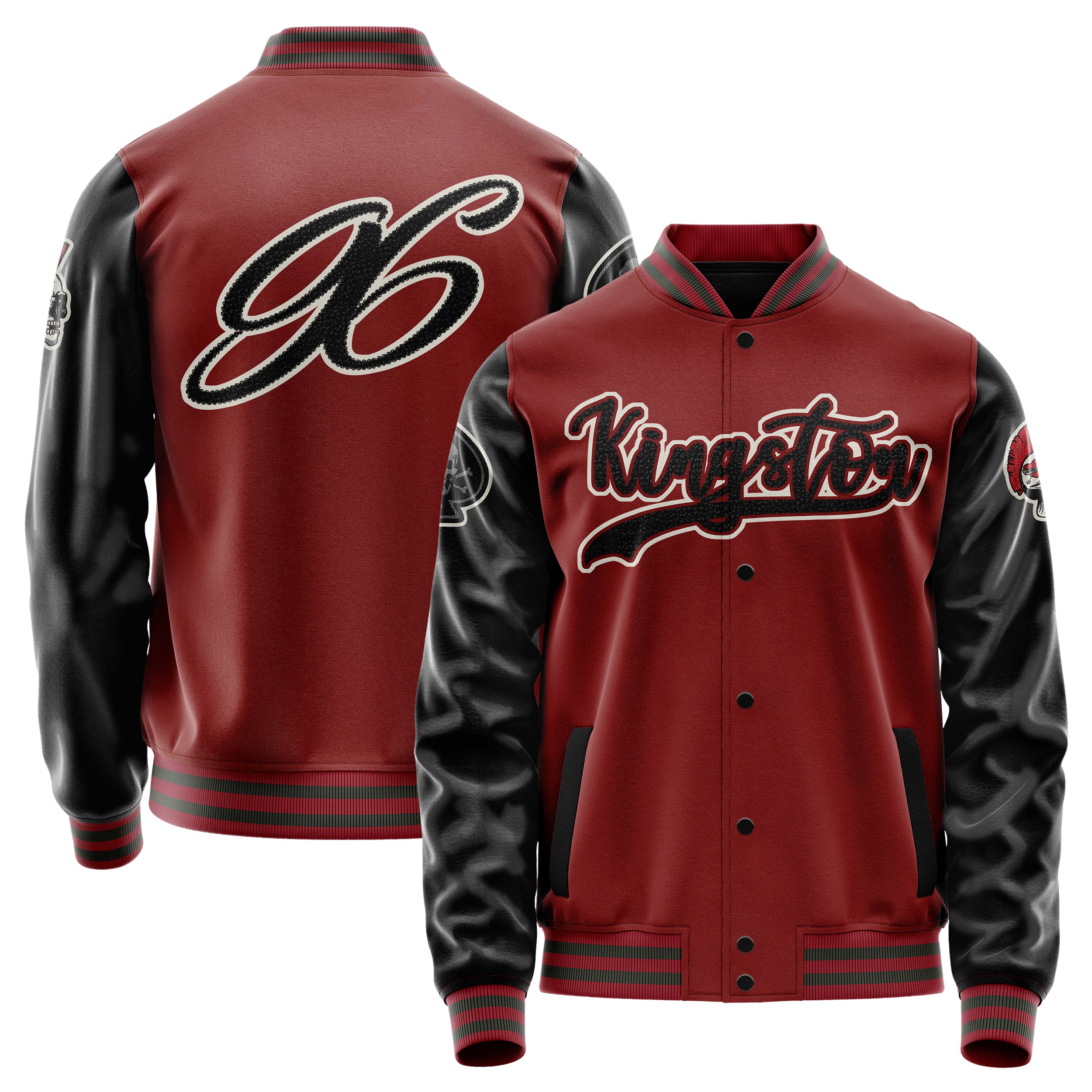 Custom Dark Red Varsity Jacket Patches Black Leather Sleeves - The skull of spades