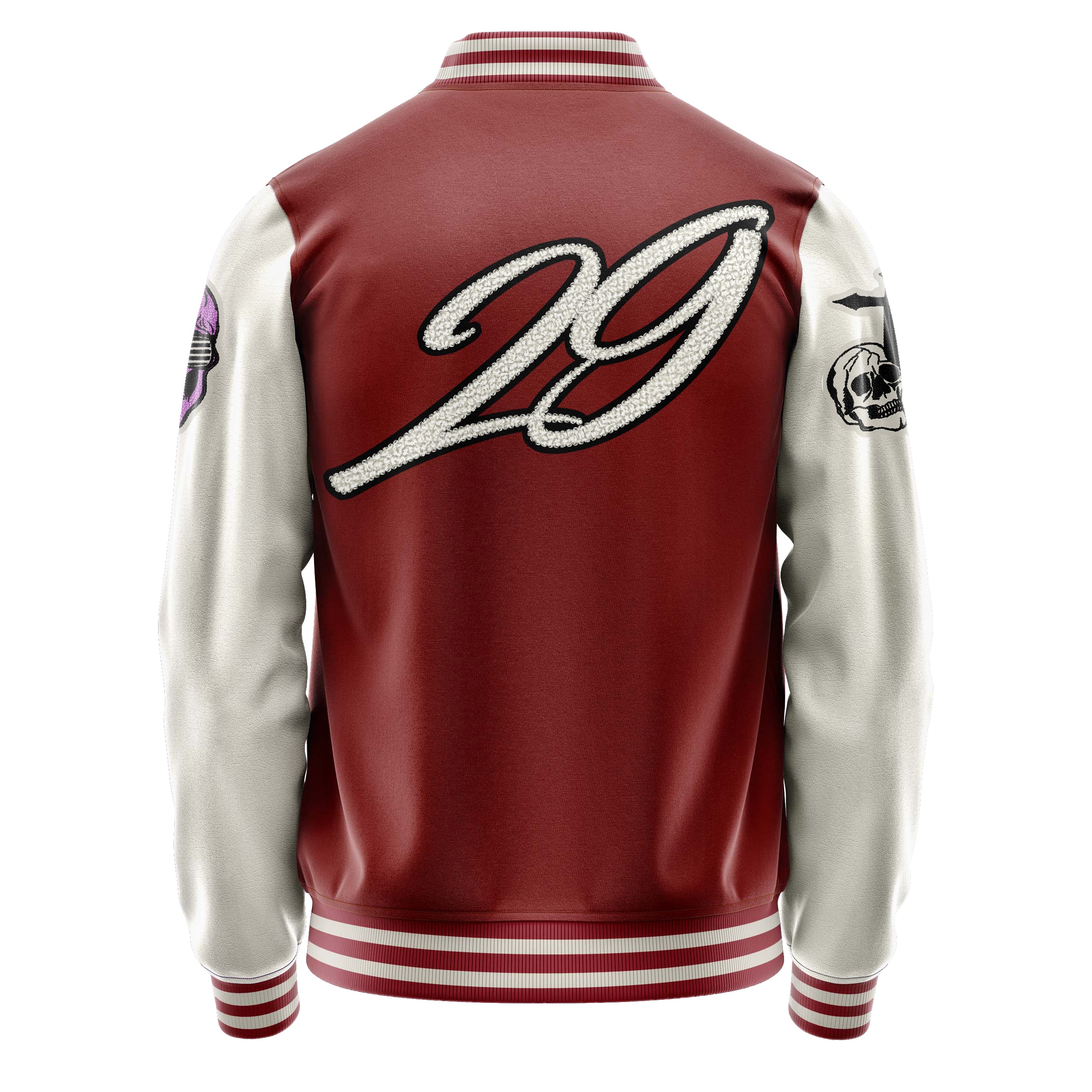 Custom Dark Red Varsity Jacket Patches Beige Leather Sleeves - Skull