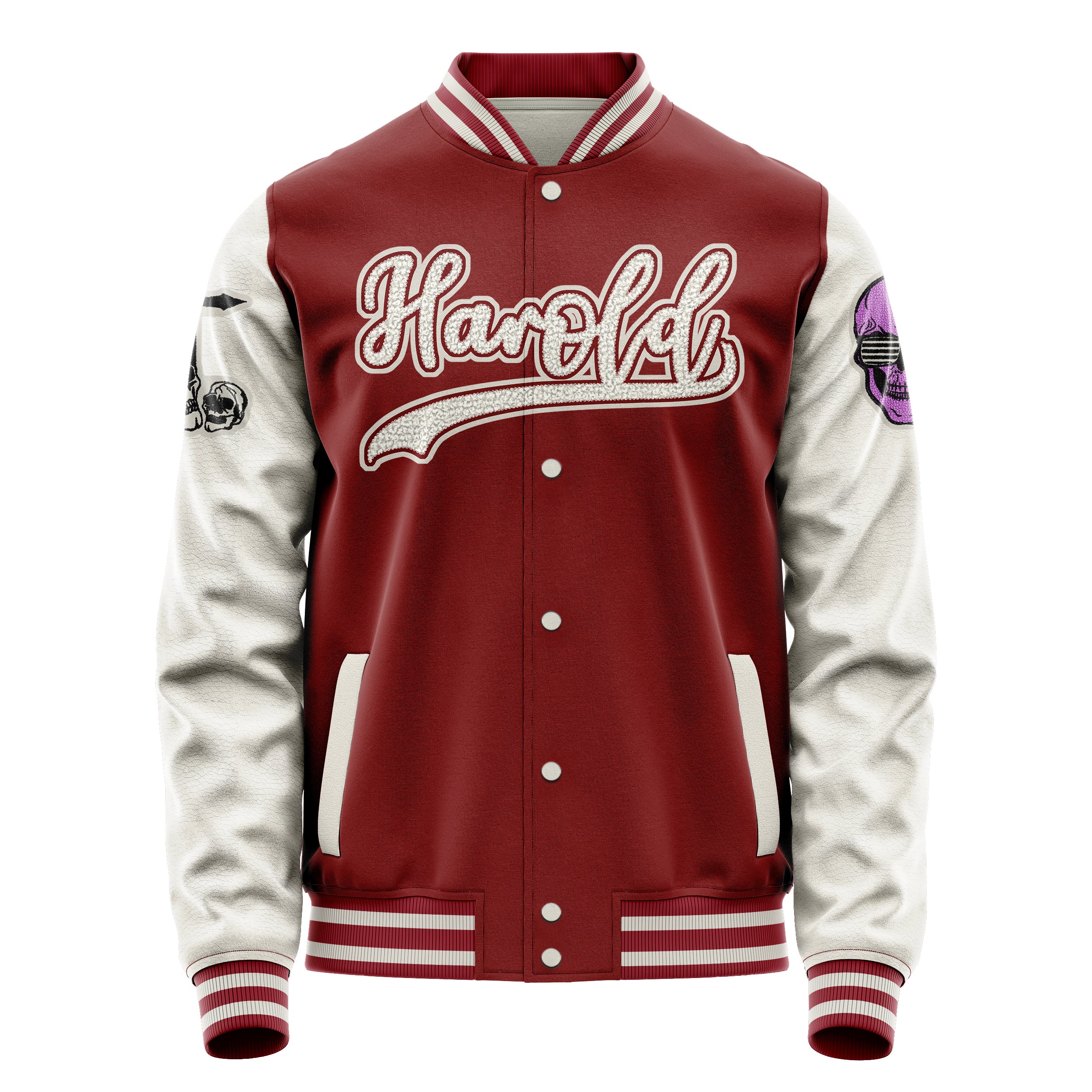 Custom Dark Red Varsity Jacket Patches Beige Leather Sleeves - Skull