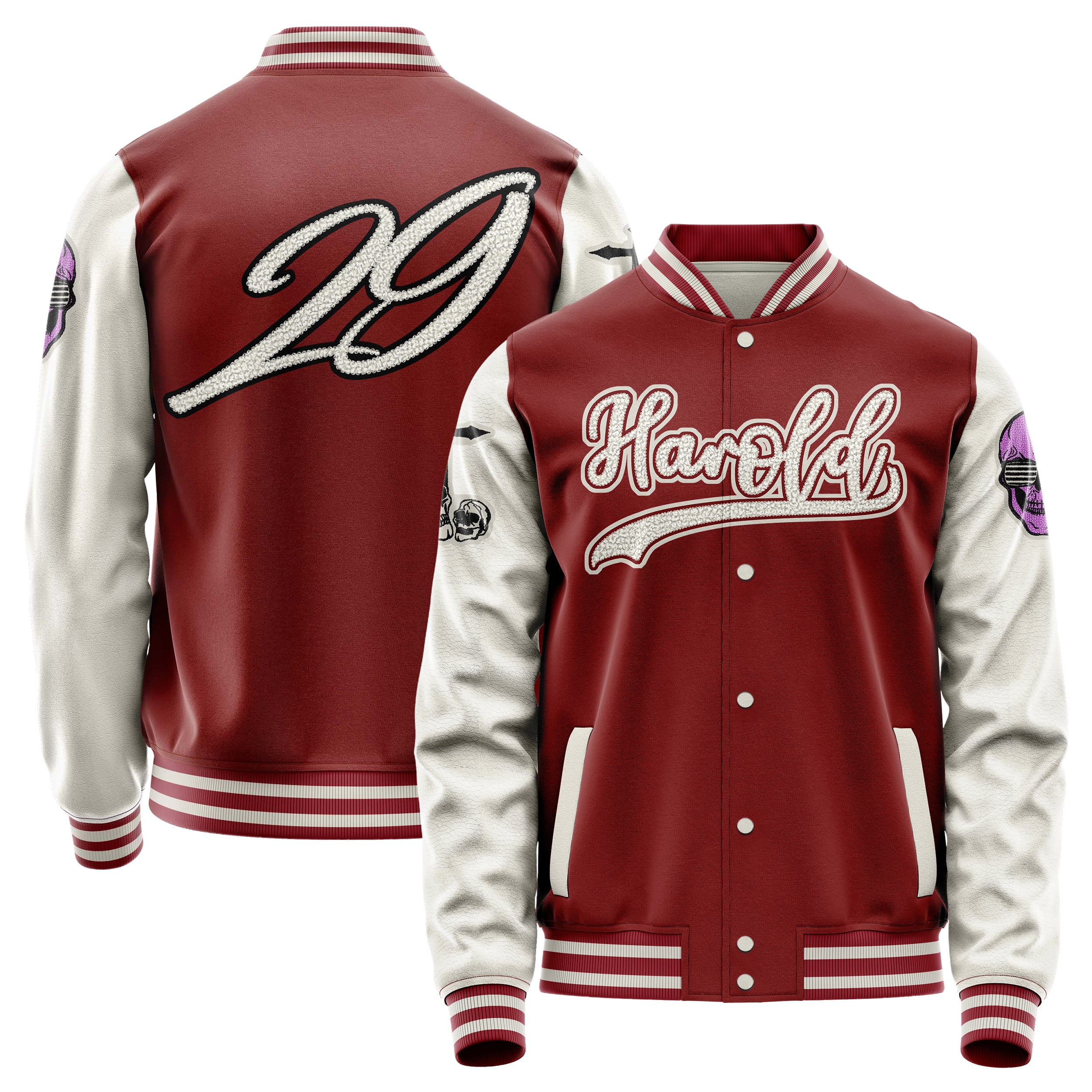 Custom Dark Red Varsity Jacket Patches Beige Leather Sleeves - Skull