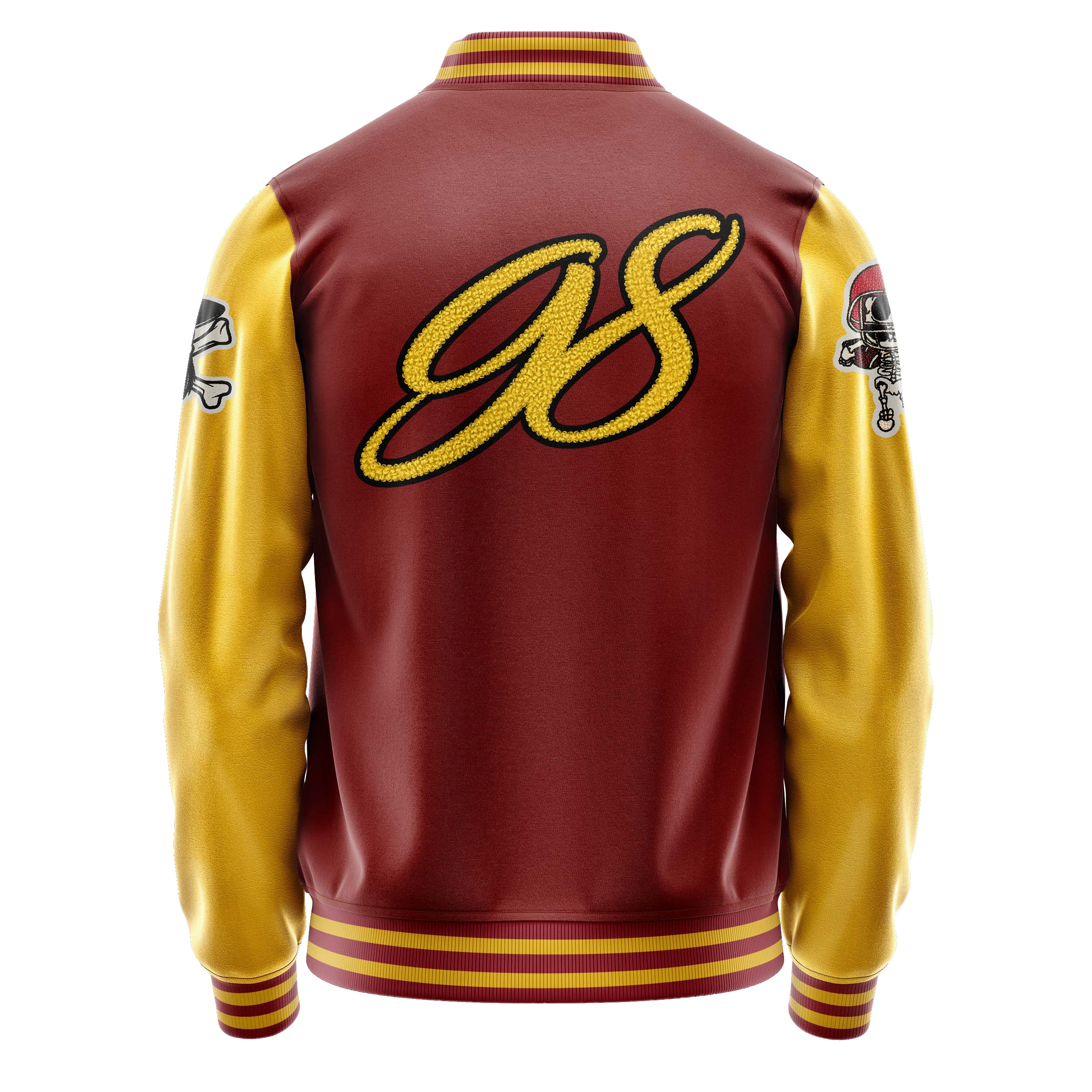 Custom Dark Red Varsity Jacket Patches Egg Yellow Leather Sleeves - Skull Rootball