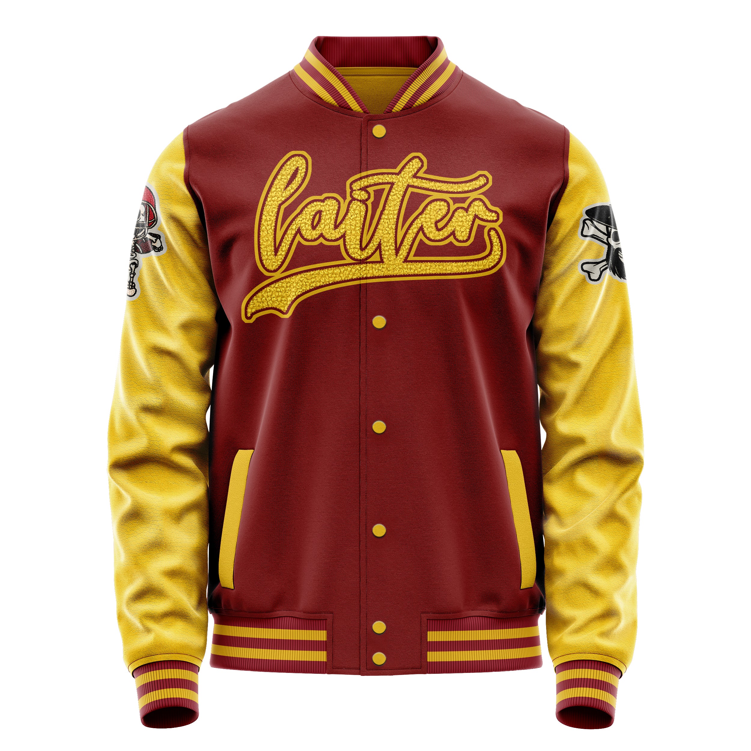 Custom Dark Red Varsity Jacket Patches Egg Yellow Leather Sleeves - Skull Rootball