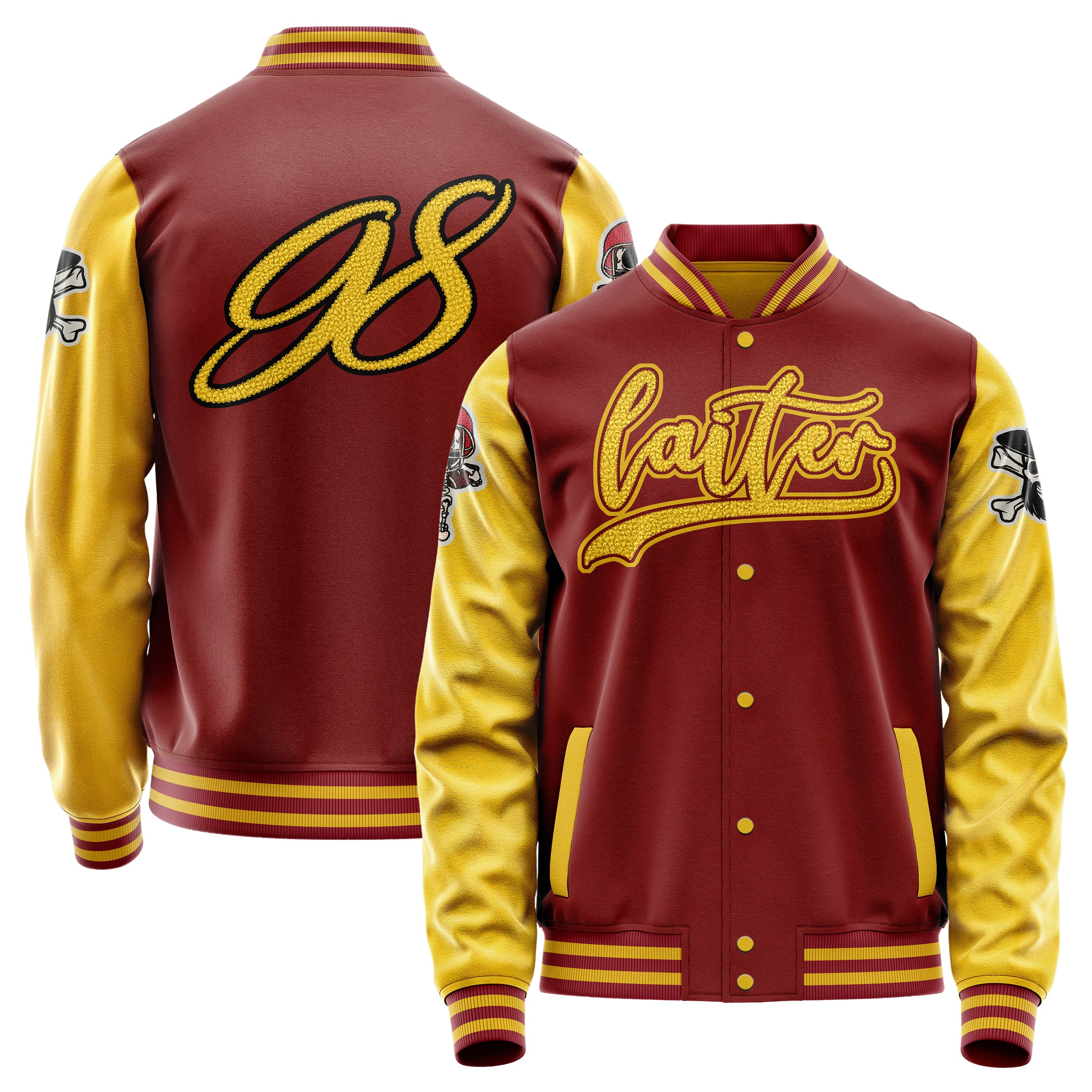 Custom Dark Red Varsity Jacket Patches Egg Yellow Leather Sleeves - Skull Rootball