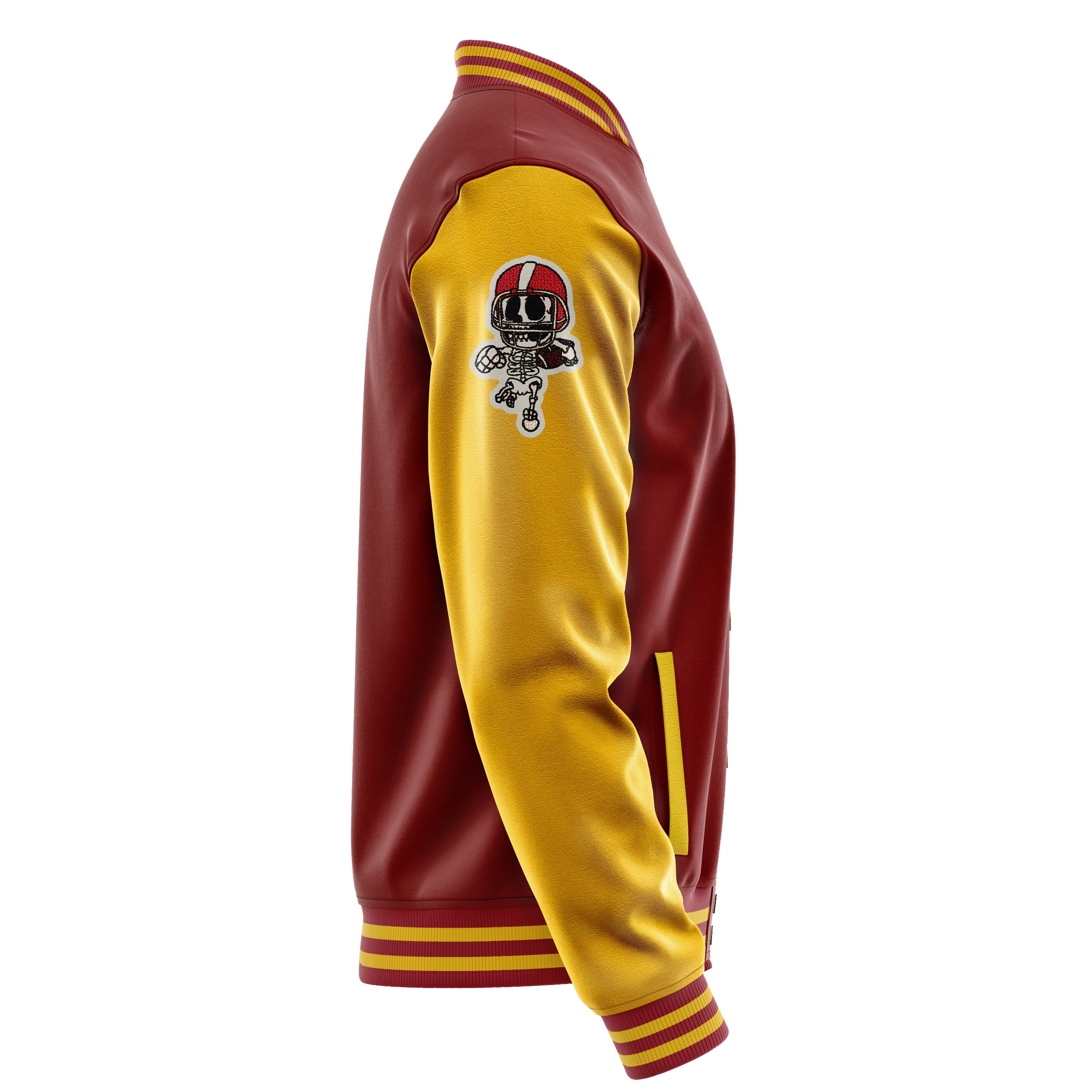 Custom Dark Red Varsity Jacket Patches Egg Yellow Leather Sleeves - Skull Rootball