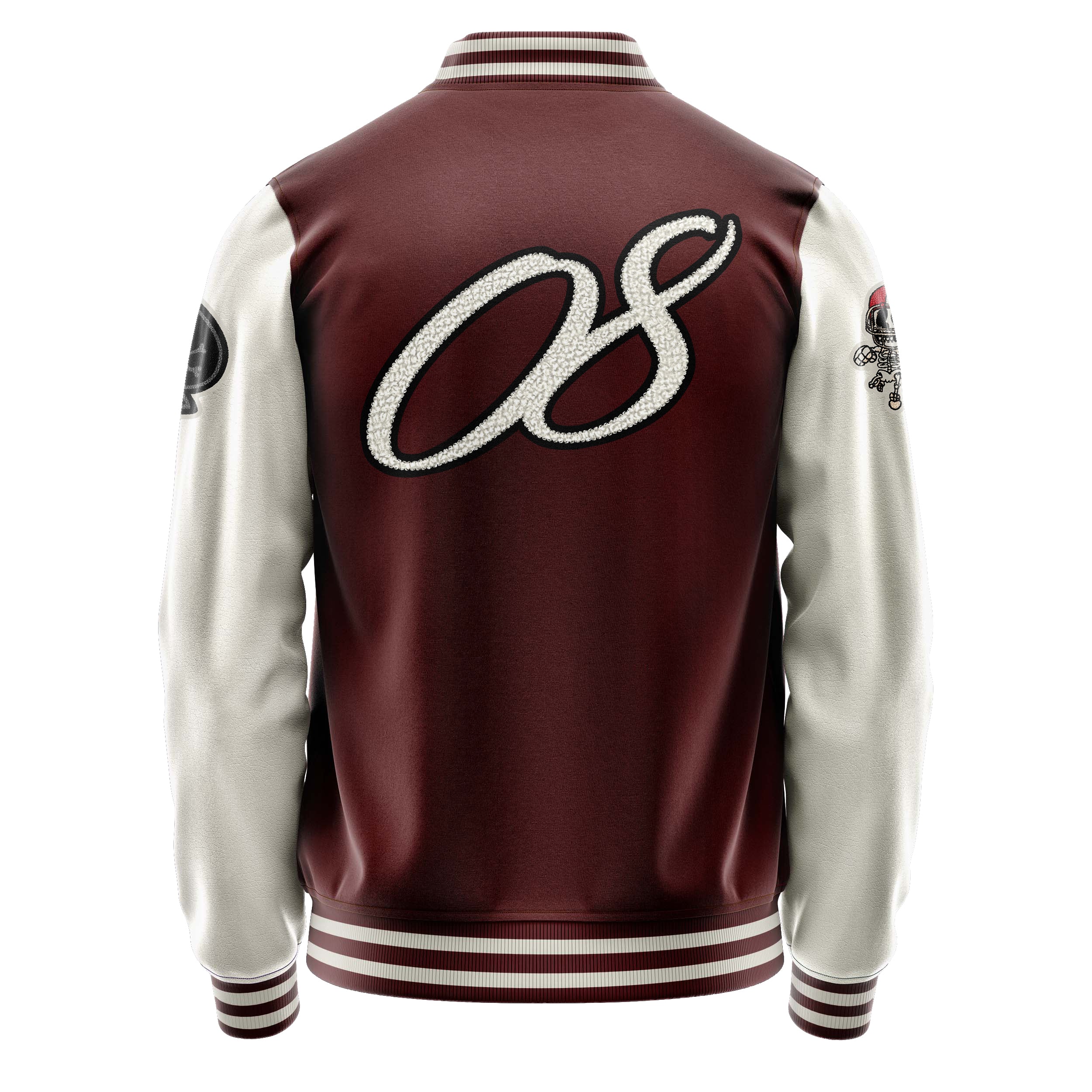 Custom Wine Red Varsity Jacket Patches Beige Leather Sleeves - Skull Rootball