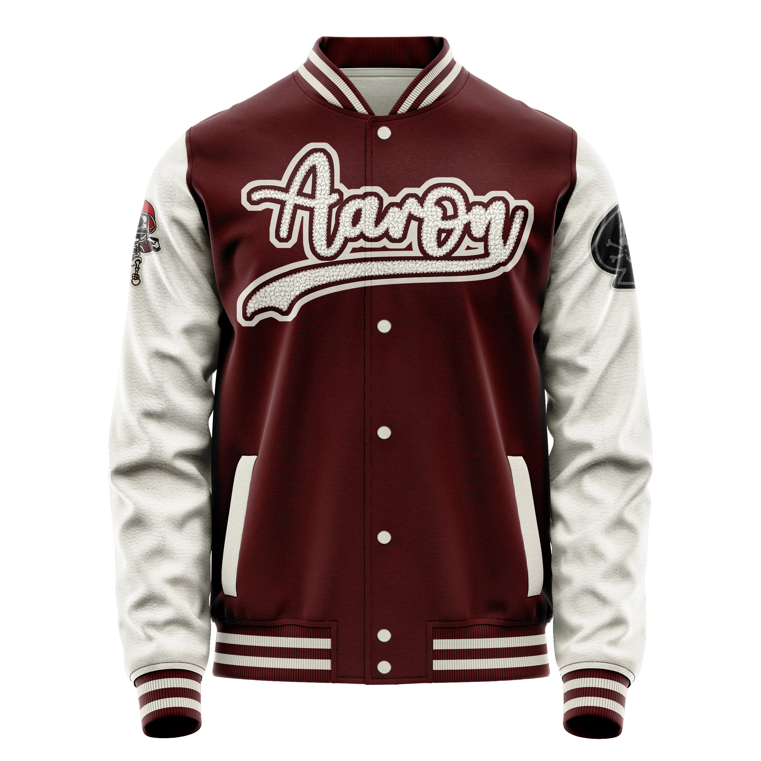 Custom Wine Red Varsity Jacket Patches Beige Leather Sleeves - Skull Rootball