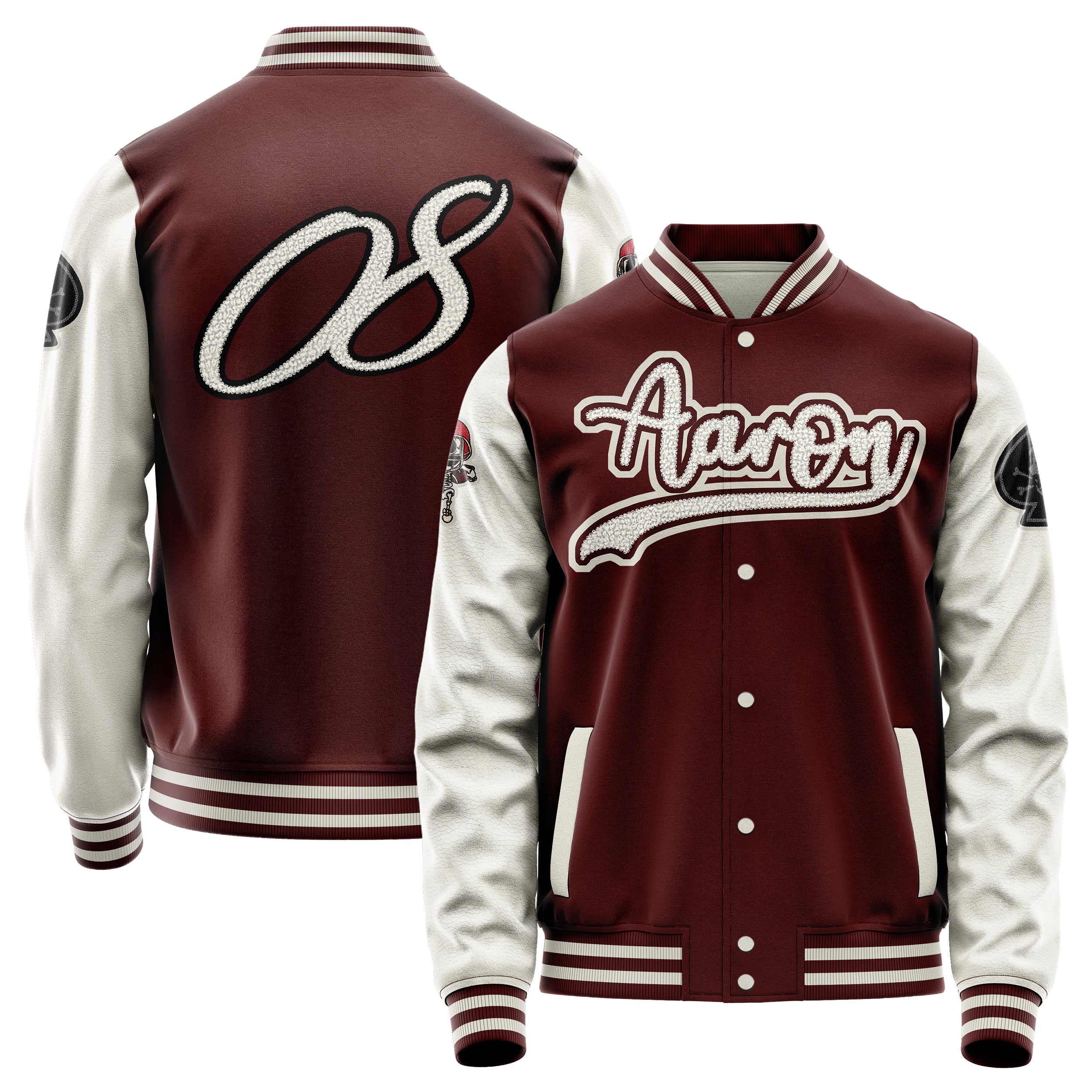 Custom Wine Red Varsity Jacket Patches Beige Leather Sleeves - Skull Rootball