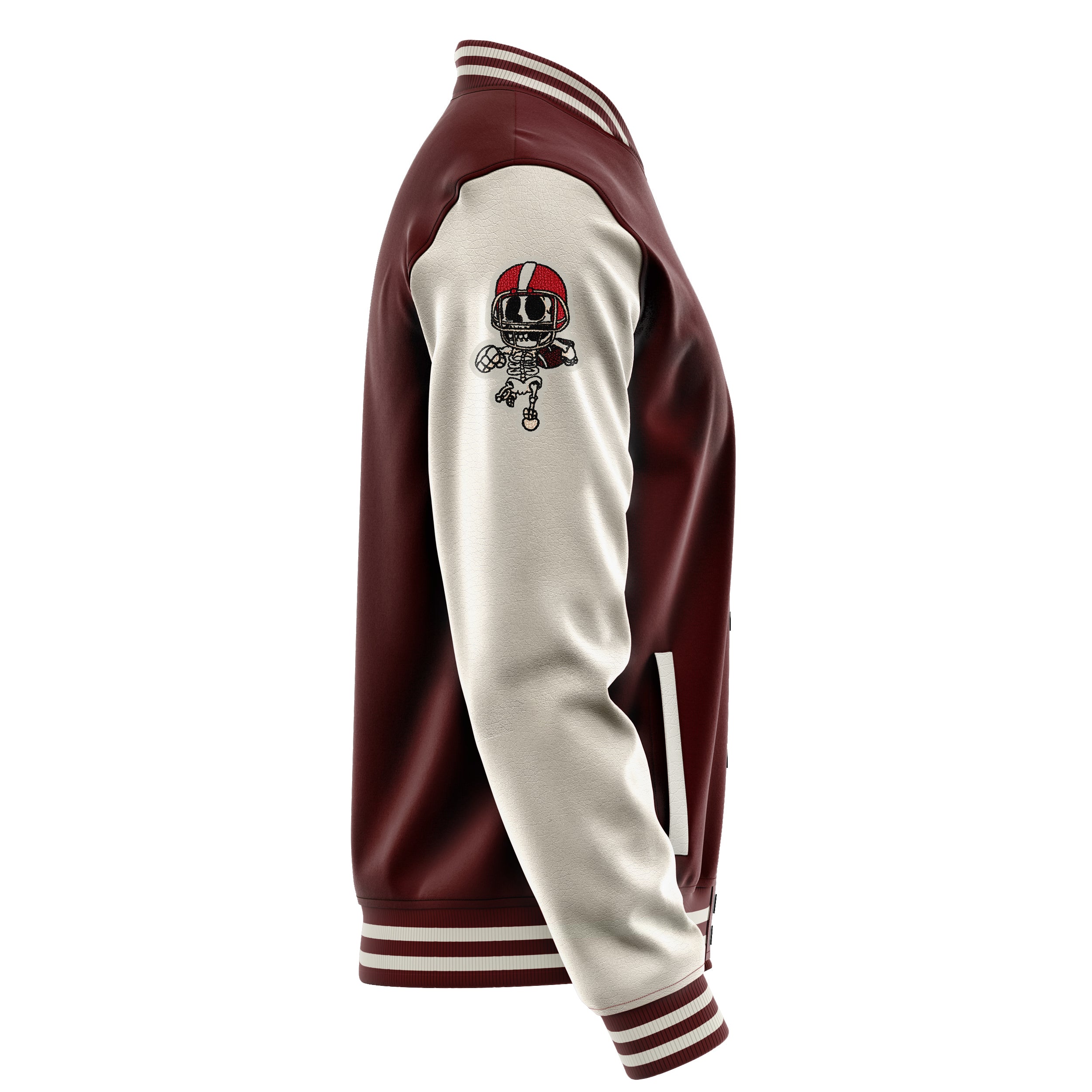 Custom Wine Red Varsity Jacket Patches Beige Leather Sleeves - Skull Rootball
