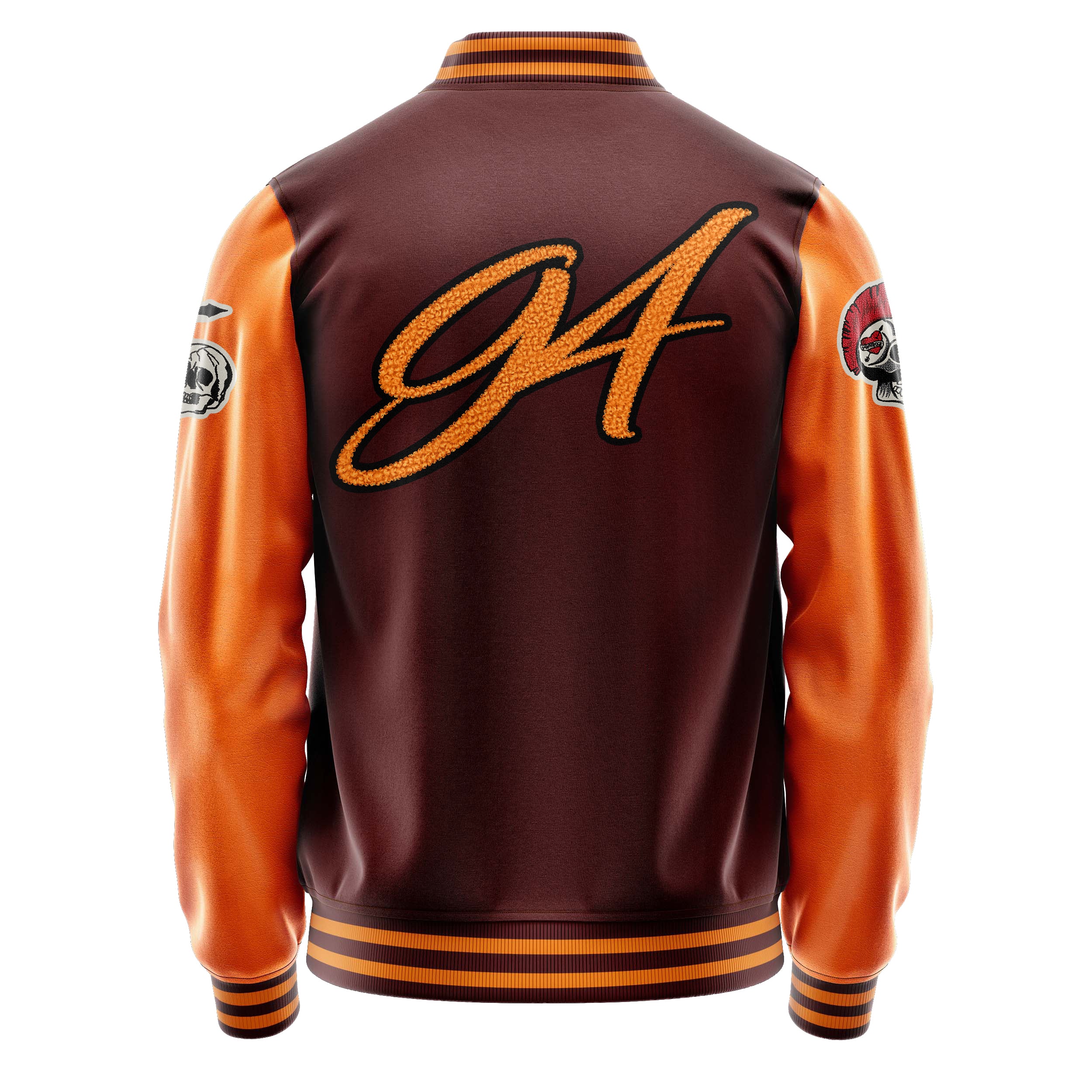 Custom Wine Red Varsity Jacket Patches Orange Leather Sleeves - Skull Rootball