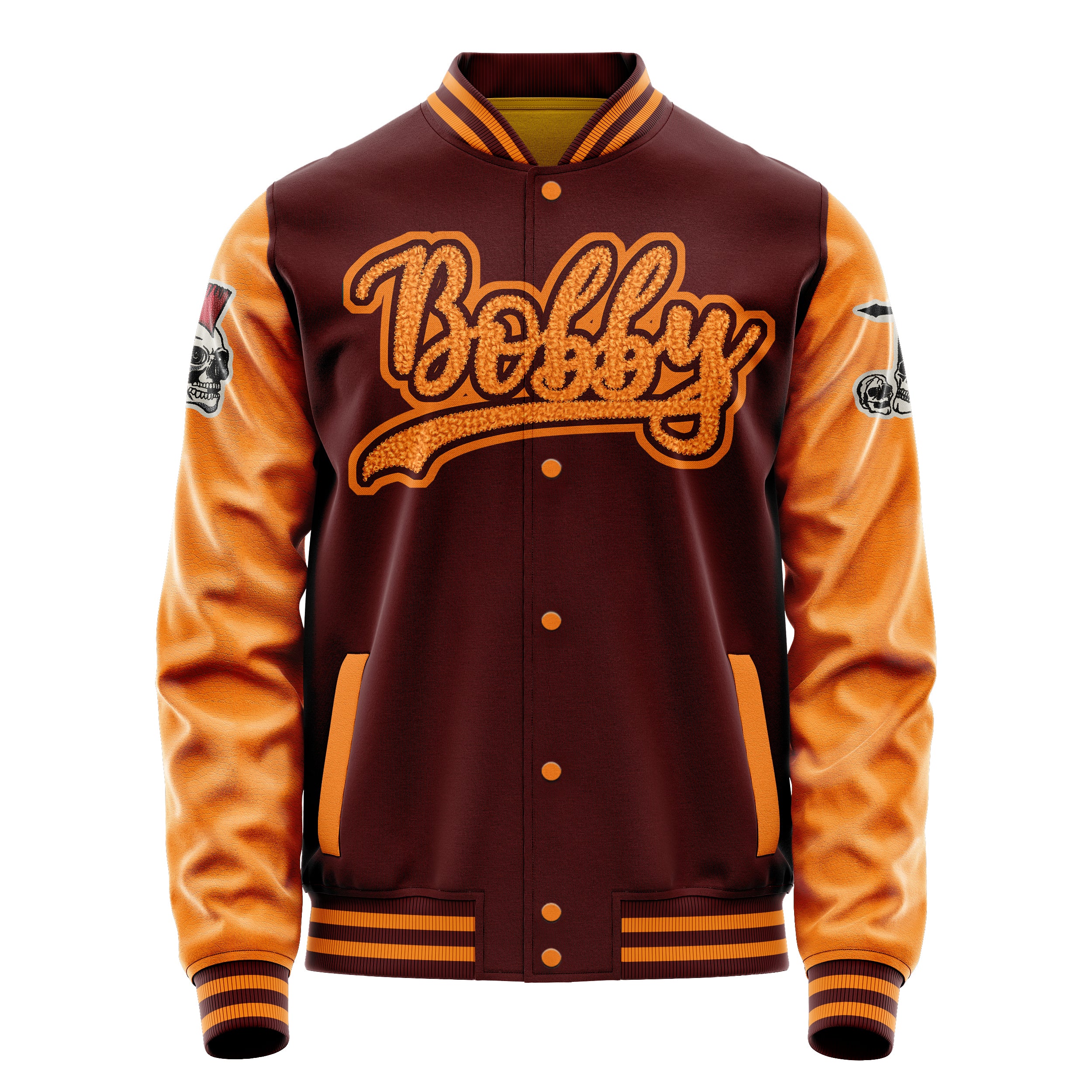 Custom Wine Red Varsity Jacket Patches Orange Leather Sleeves - Skull Rootball