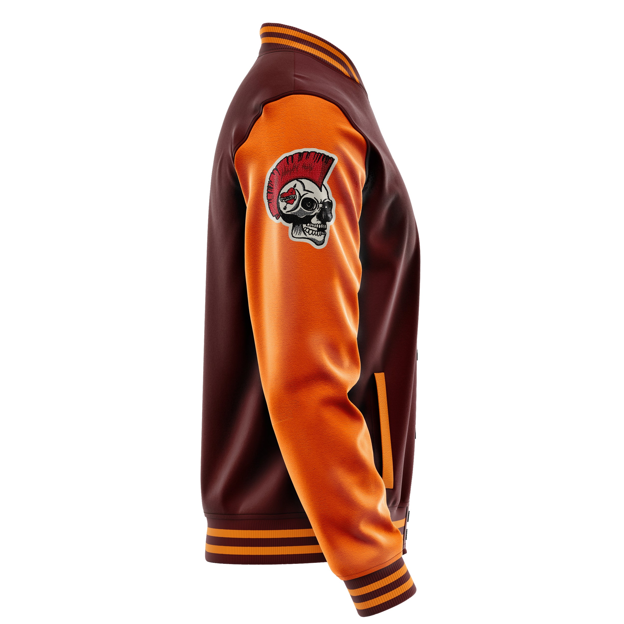 Custom Wine Red Varsity Jacket Patches Orange Leather Sleeves - Skull Rootball