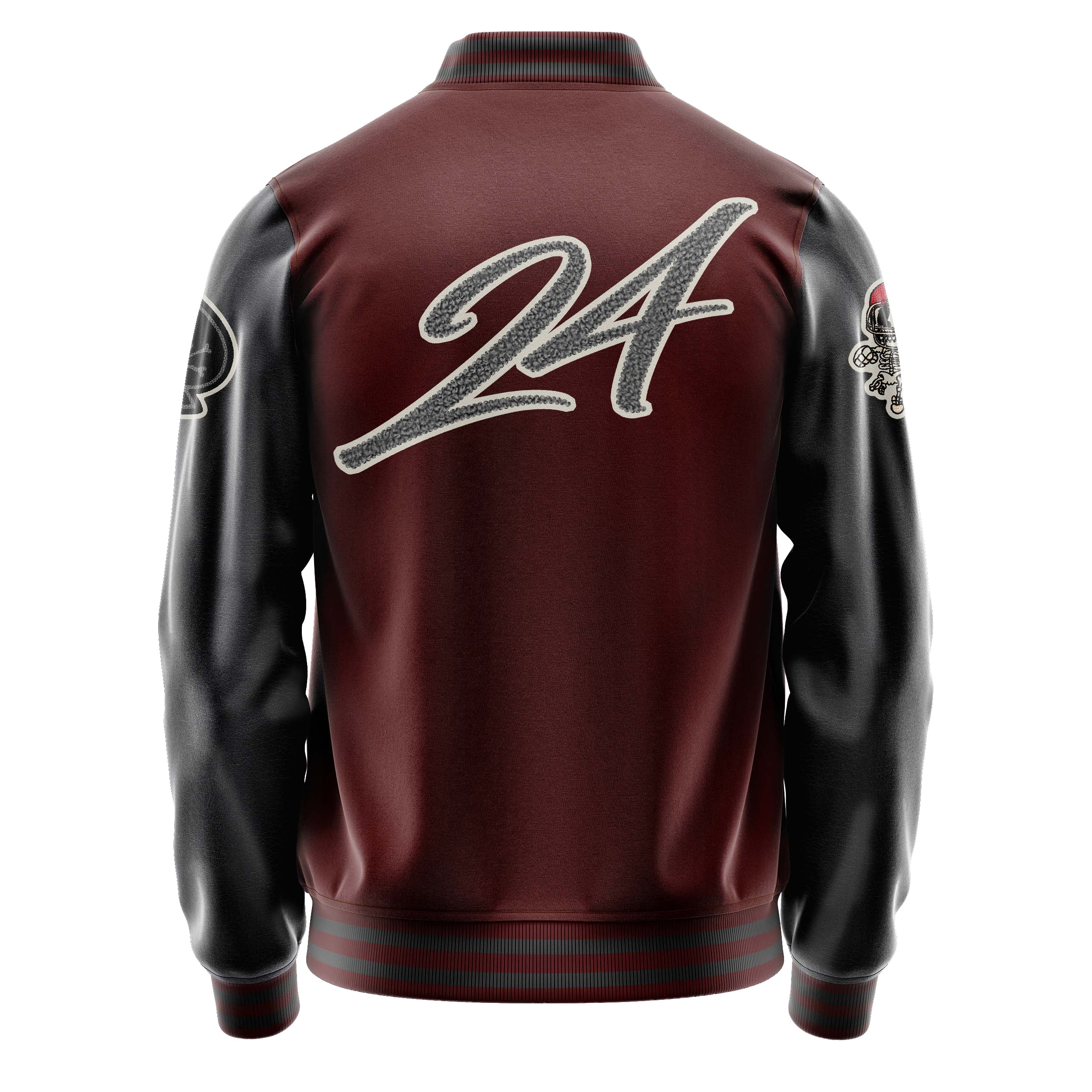 Custom Wine Red Varsity Jacket Patches Dark Gray Leather Sleeves - Skull Rootball