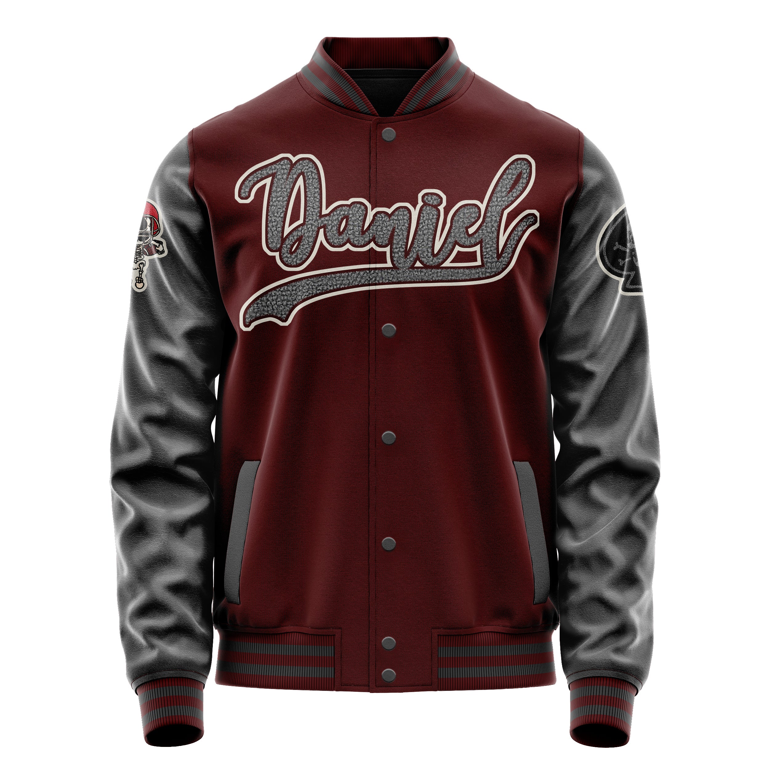 Custom Wine Red Varsity Jacket Patches Dark Gray Leather Sleeves - Skull Rootball