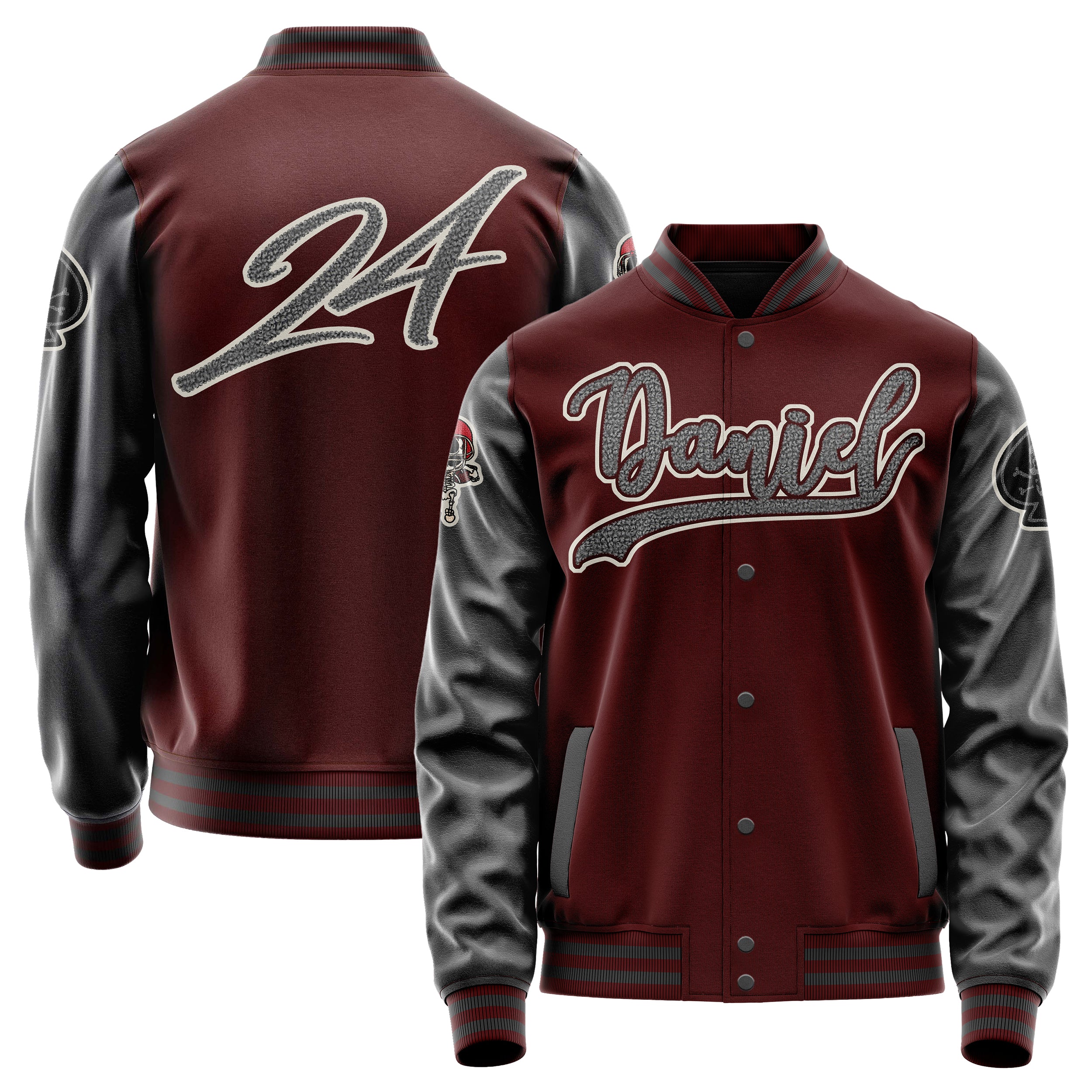 Custom Wine Red Varsity Jacket Patches Dark Gray Leather Sleeves - Skull Rootball