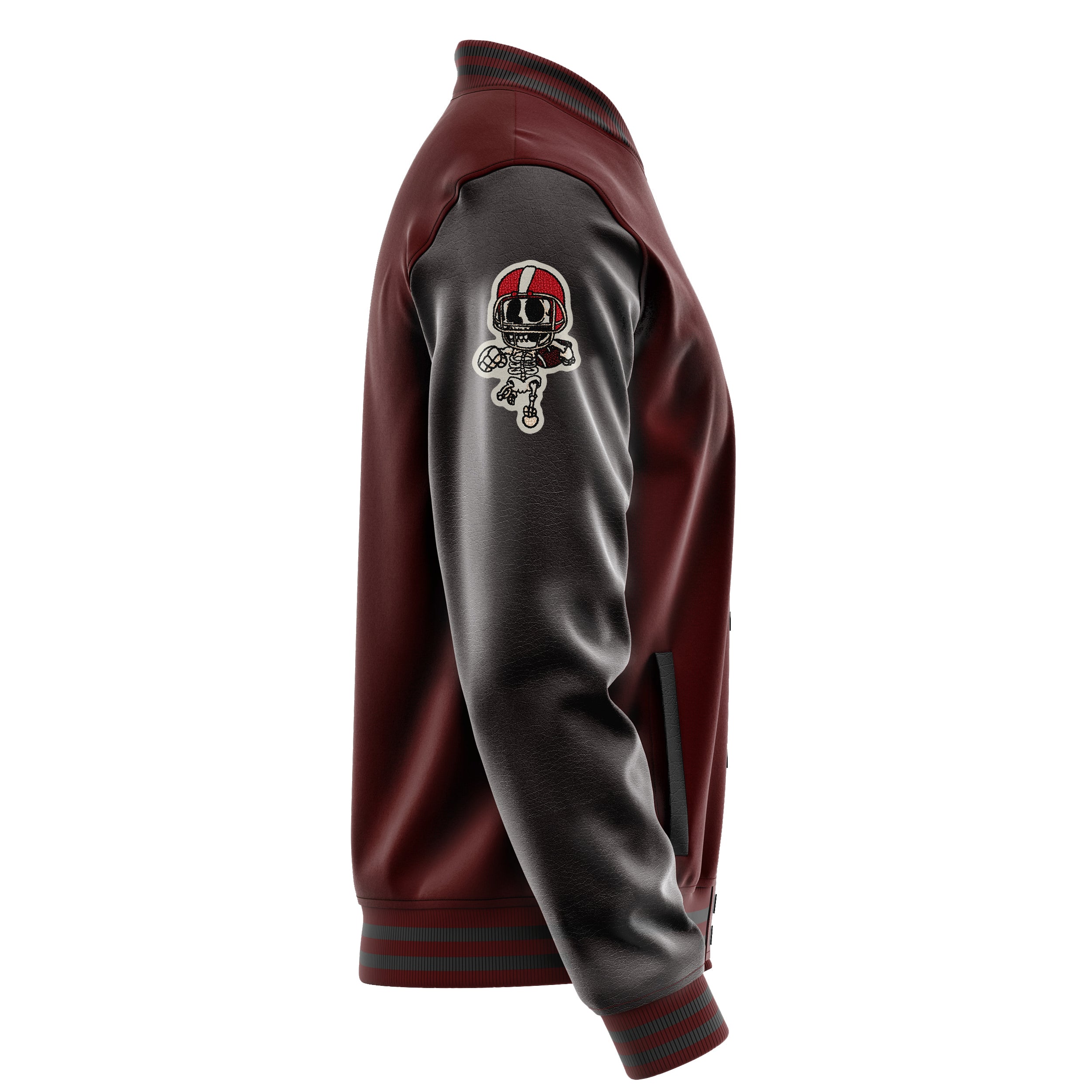 Custom Wine Red Varsity Jacket Patches Dark Gray Leather Sleeves - Skull Rootball