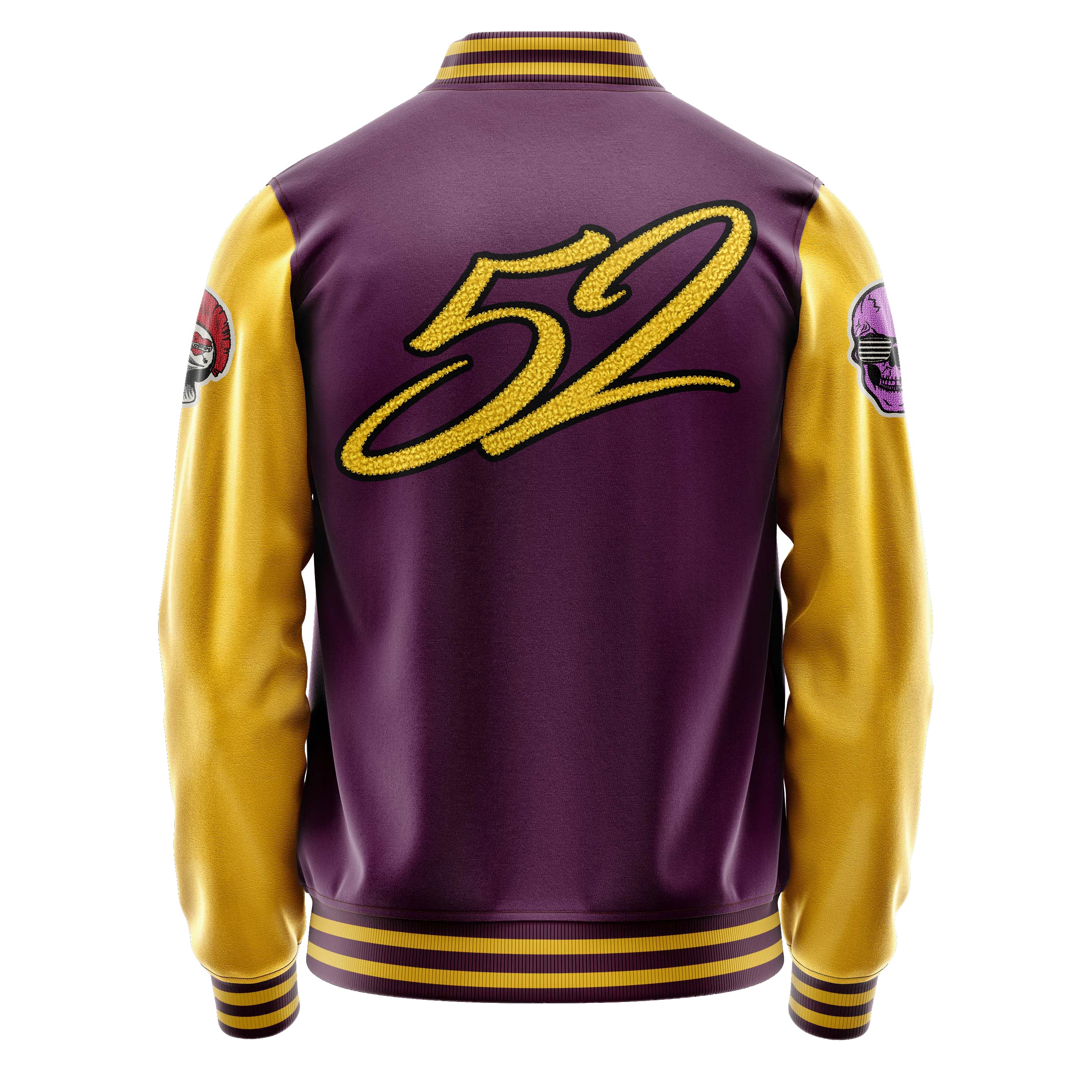 Custom Purple Varsity Jacket Patches Egg Yellow Leather Sleeves - Skull