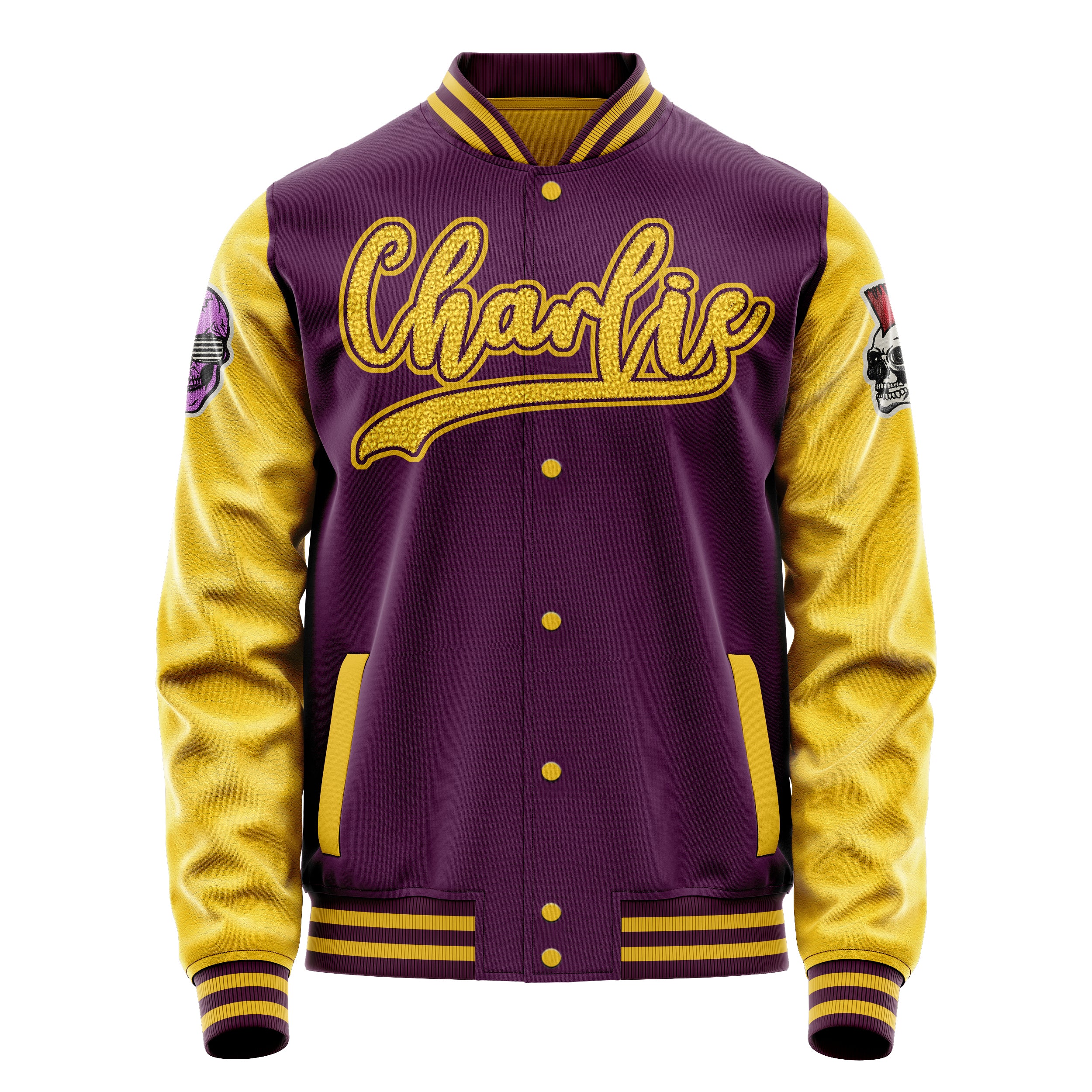 Custom Purple Varsity Jacket Patches Egg Yellow Leather Sleeves - Skull