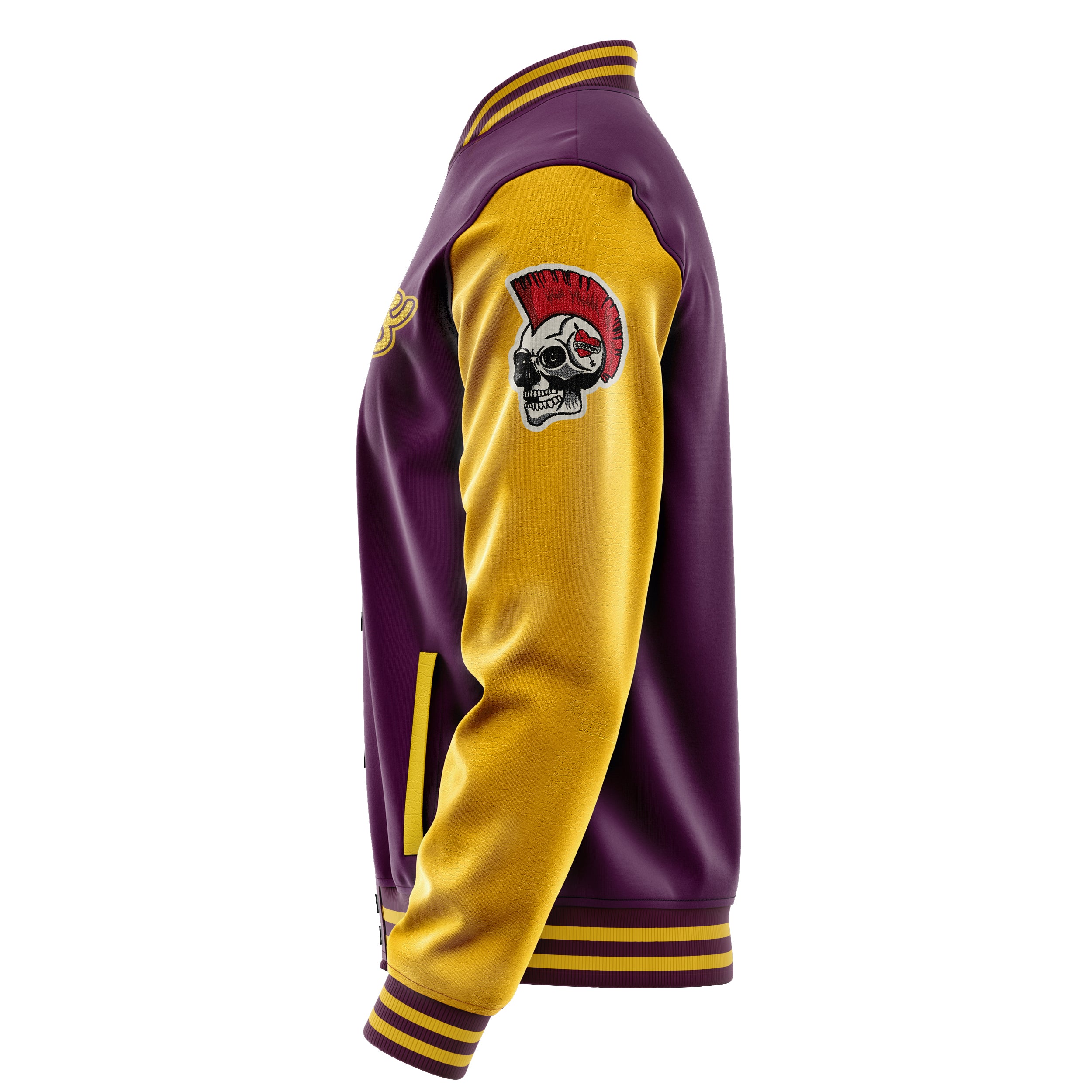 Custom Purple Varsity Jacket Patches Egg Yellow Leather Sleeves - Skull
