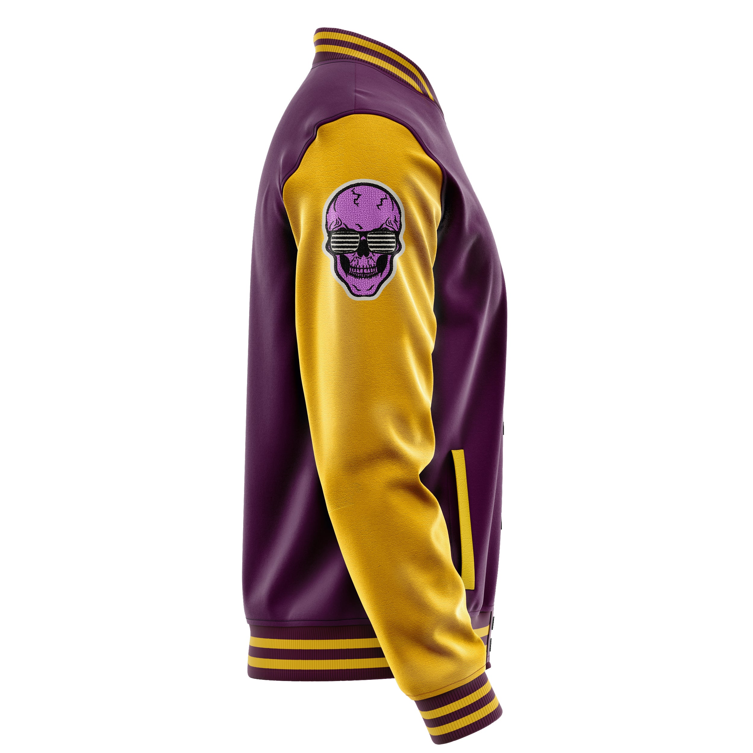 Custom Purple Varsity Jacket Patches Egg Yellow Leather Sleeves - Skull