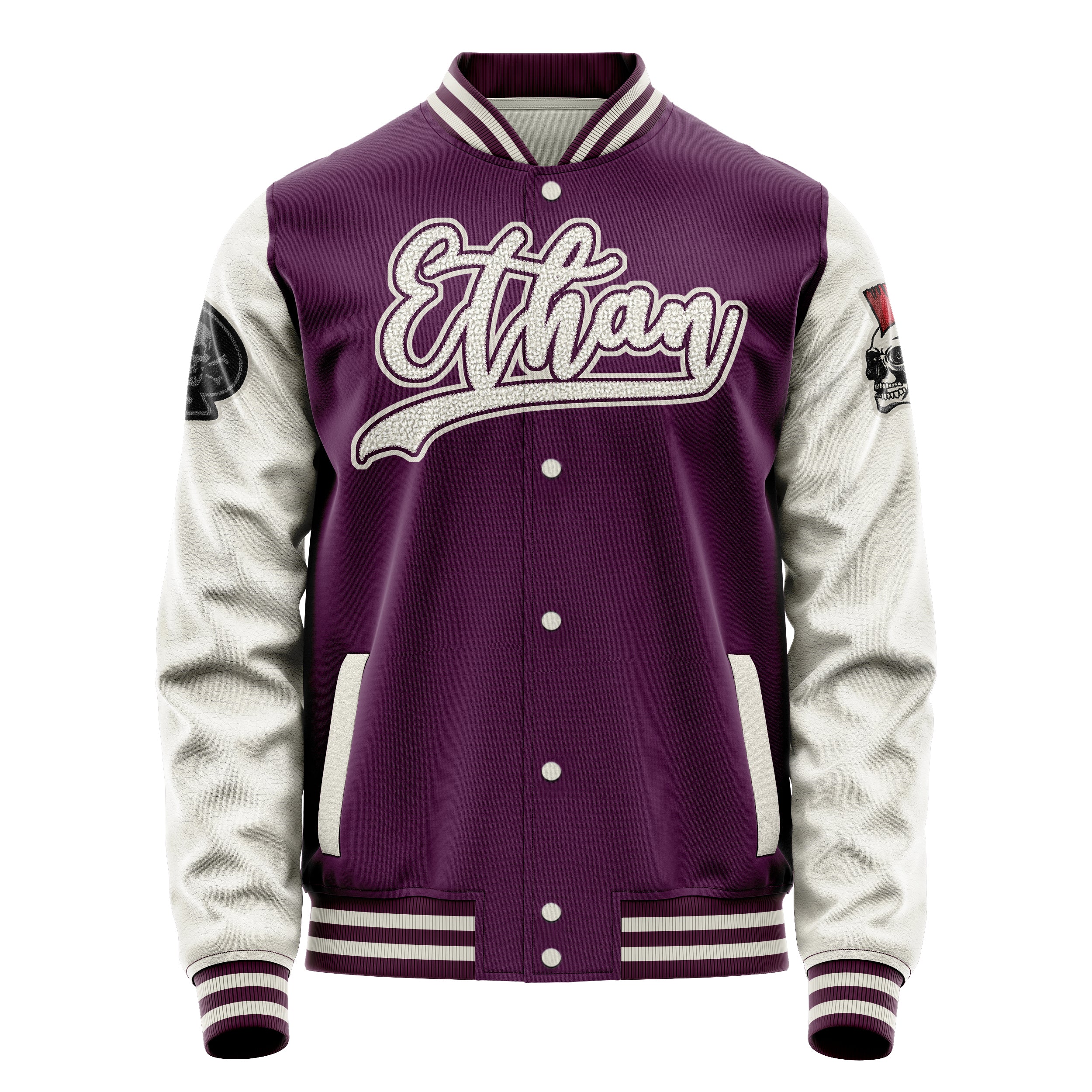 Custom Purple Varsity Jacket Patches Beige Leather Sleeves - The skull of spades