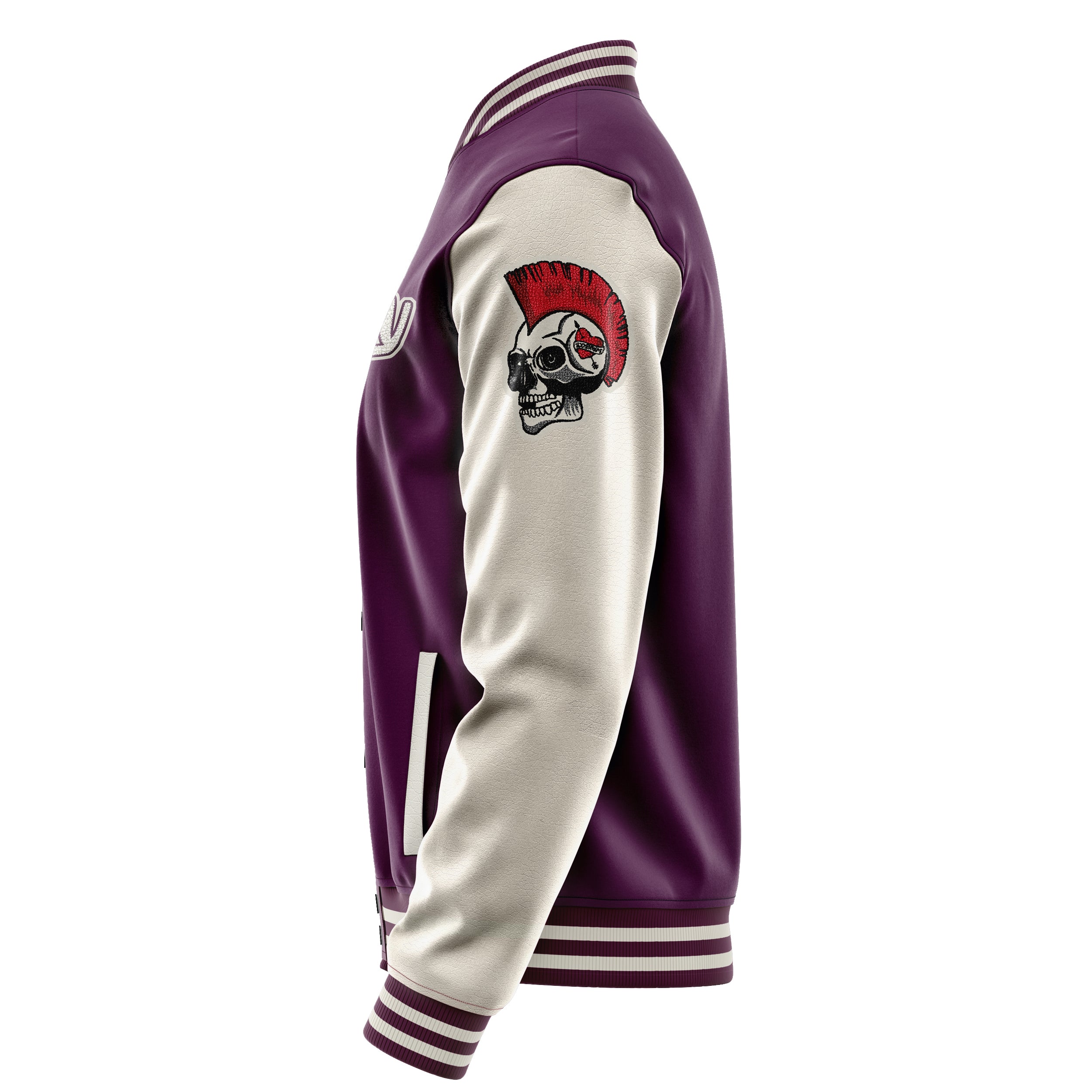 Custom Purple Varsity Jacket Patches Beige Leather Sleeves - The skull of spades