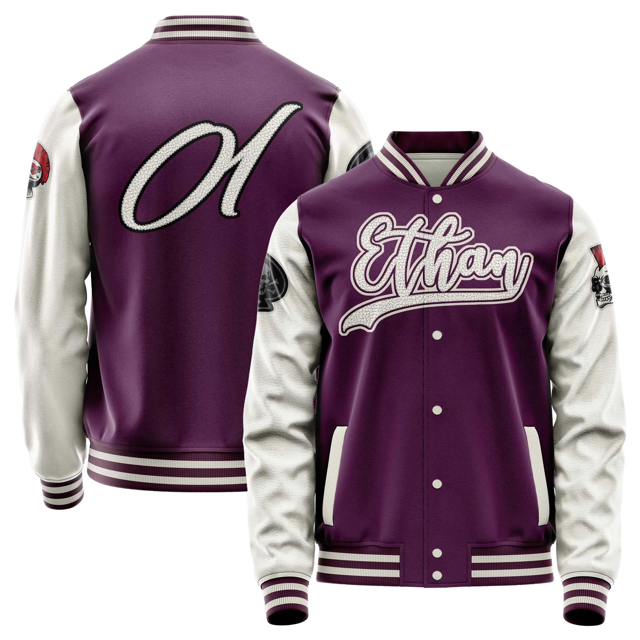 Custom Purple Varsity Jacket Patches Beige Leather Sleeves - The skull of spades