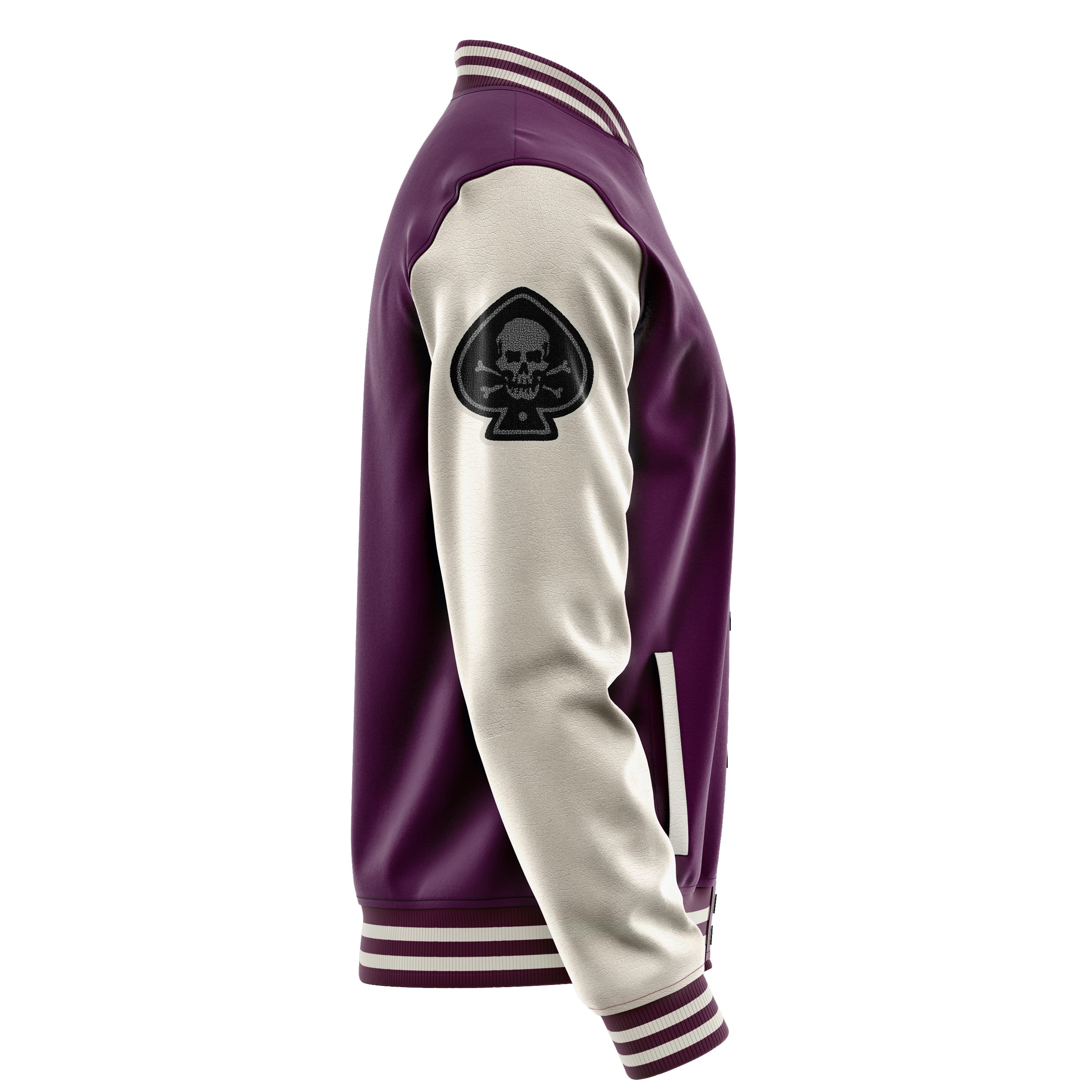 Custom Purple Varsity Jacket Patches Beige Leather Sleeves - The skull of spades